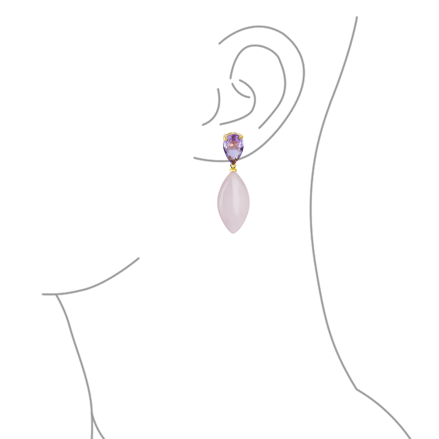 Gemstone Pink Quartz Rhombus Teardrop Purple CZ & Dangling Earrings Gold Plated - Image 6
