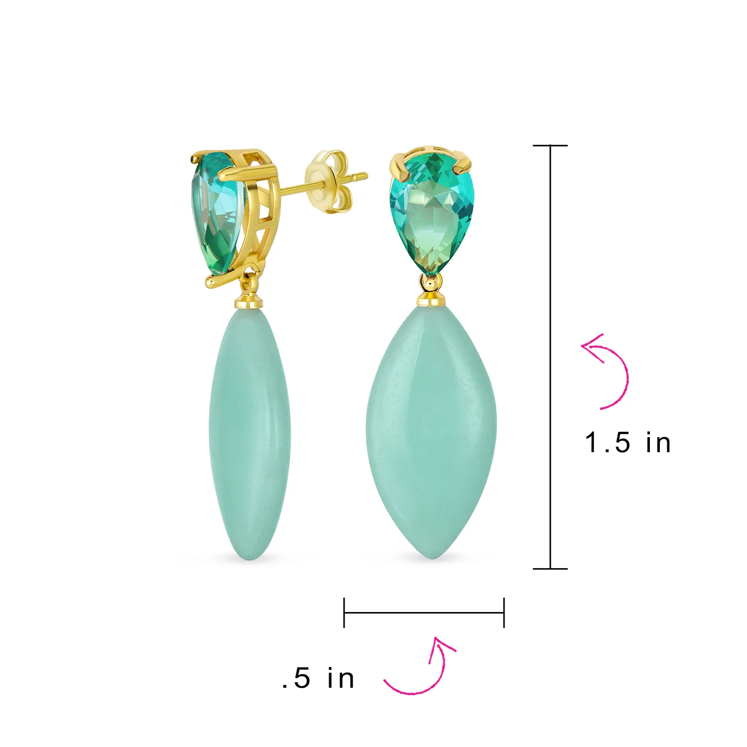Gemstone Pink Quartz Rhombus Teardrop Purple CZ & Dangling Earrings Gold Plated - Image 7