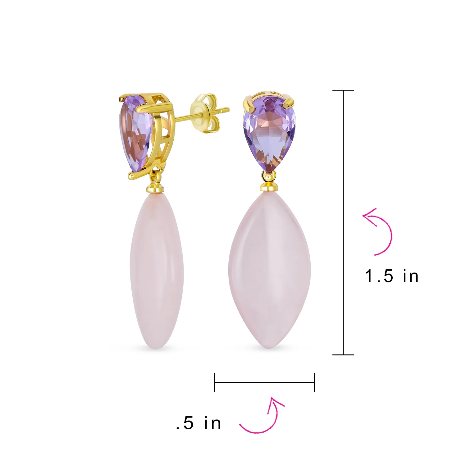 Gemstone Pink Quartz Rhombus Teardrop Purple CZ & Dangling Earrings Gold Plated - Image 8