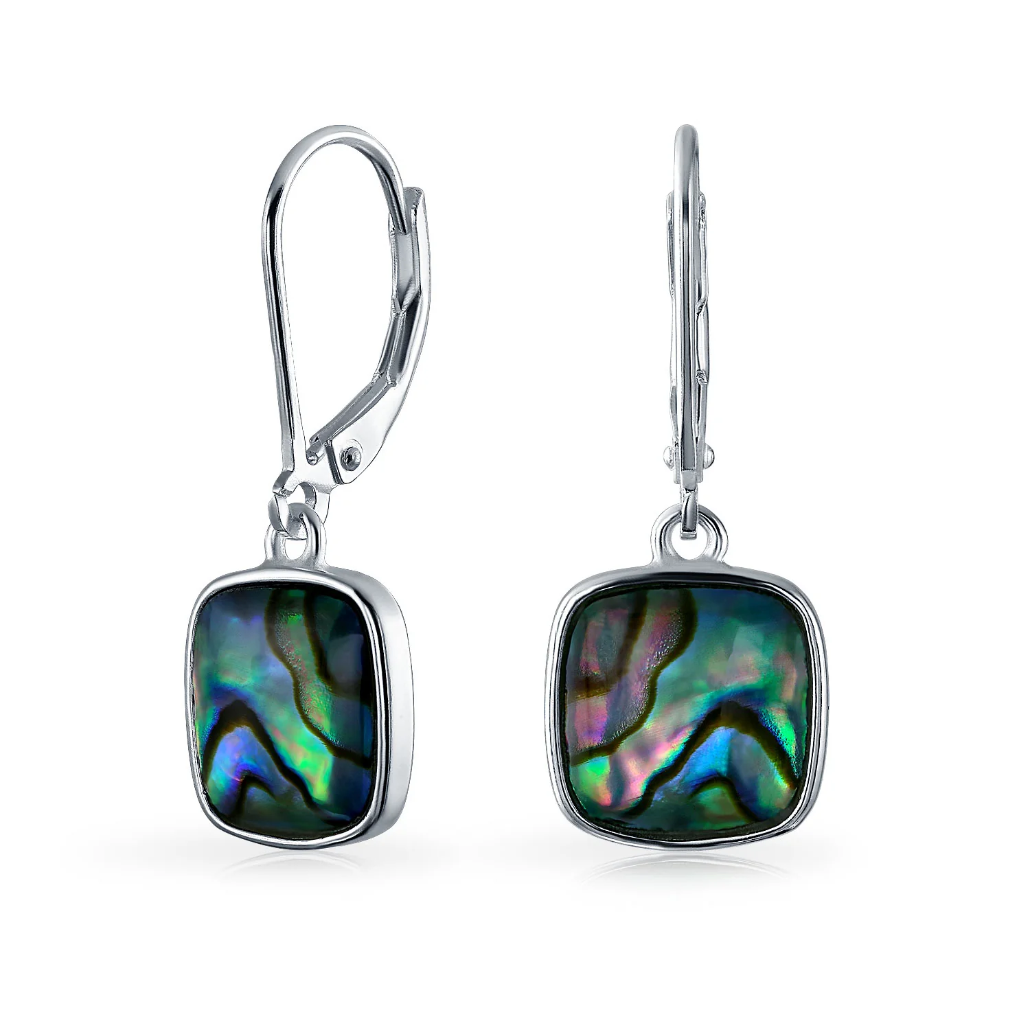 Geometric Iridescent Abalone Shell Square Teardrop Dangle Earrings Silver