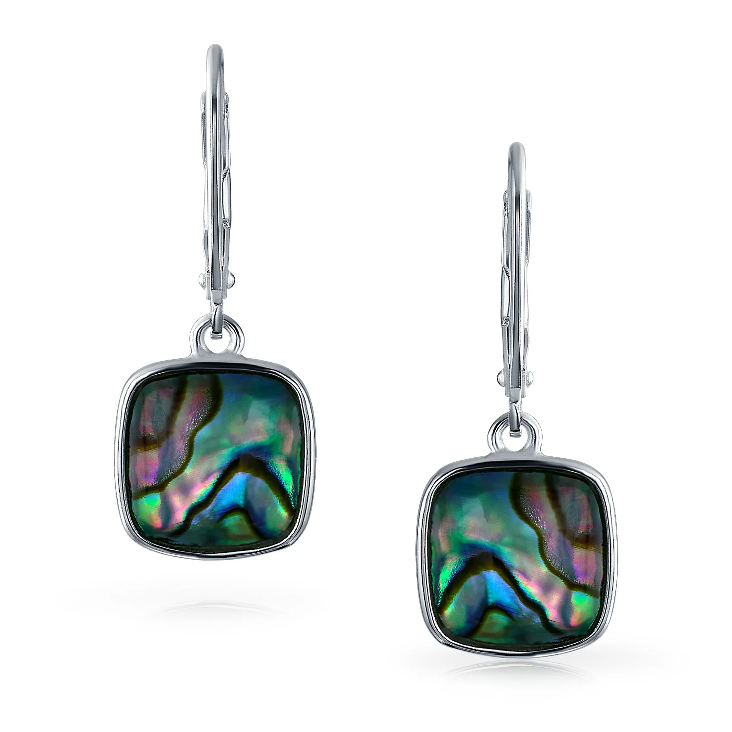 Geometric Iridescent Abalone Shell Square Teardrop Dangle Earrings Silver - Image 2