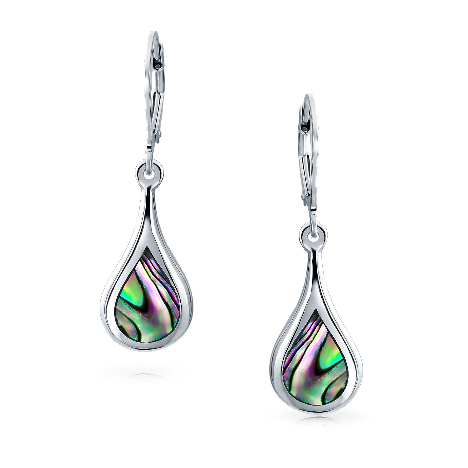 Iridescent Abalone Seashell Rain Drop Teardrop Dangle Earrings .925 Sterling Silver Lever Back - Image 2