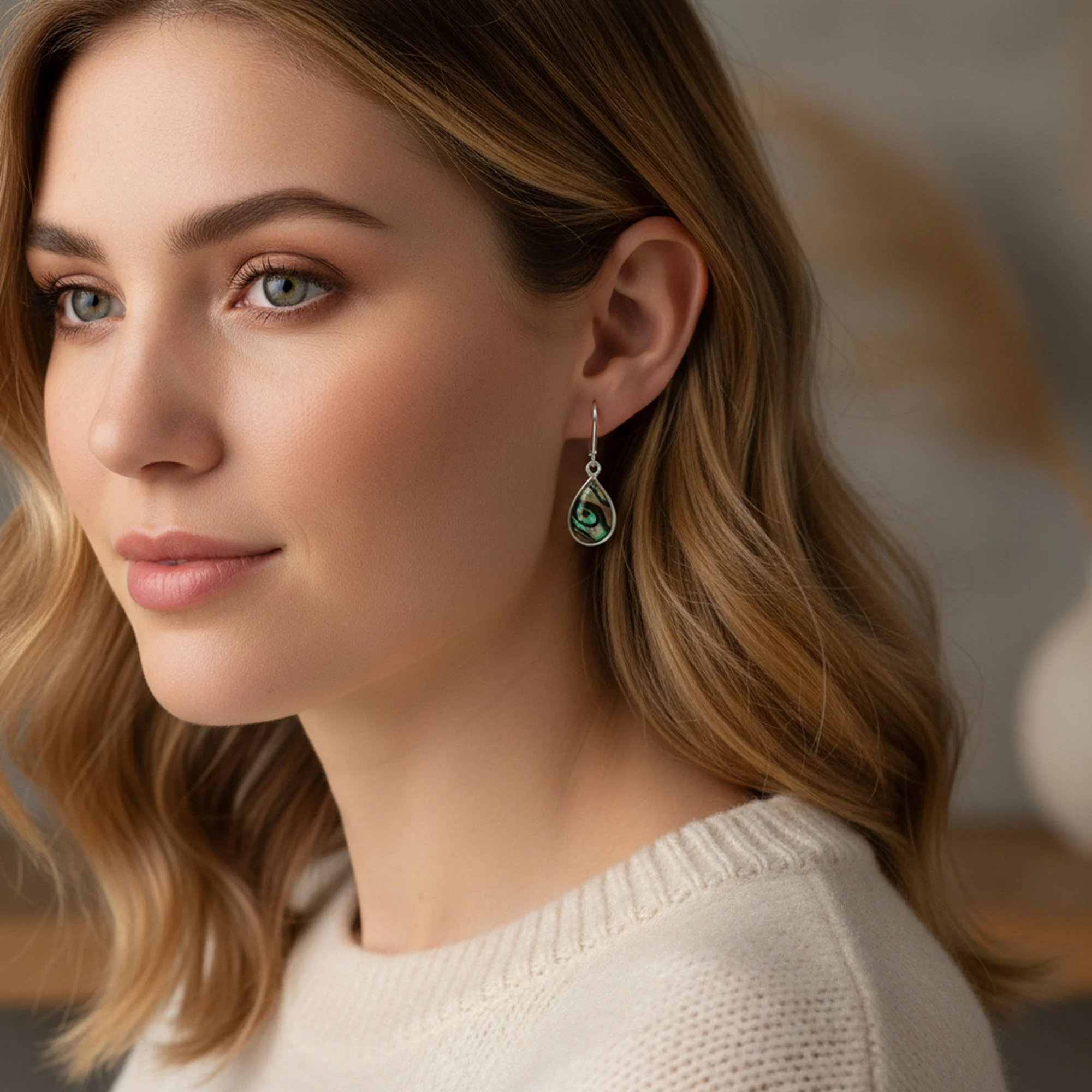 Geometric Iridescent Abalone Shell Teardrop Dangle Earrings in Sterling Silver - Image 3