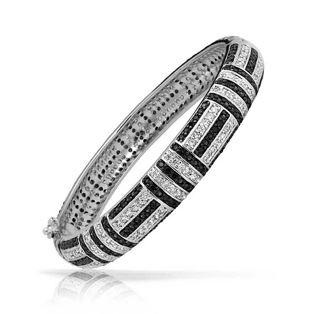 Geometric Art Deco Black & Green CZ Bangle Bracelet Silver Plated Brass - Image 5