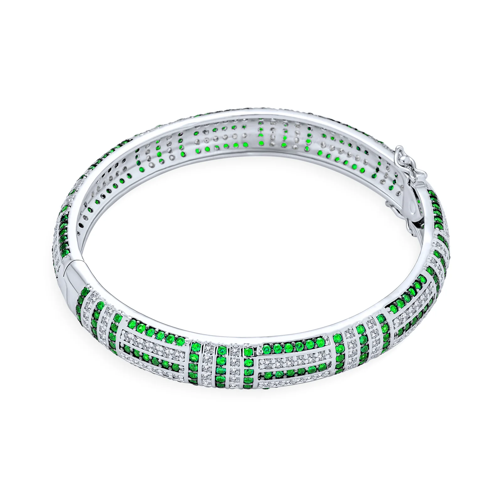 Geometric Art Deco Black & Green CZ Bangle Bracelet Silver Plated Brass - Image 6
