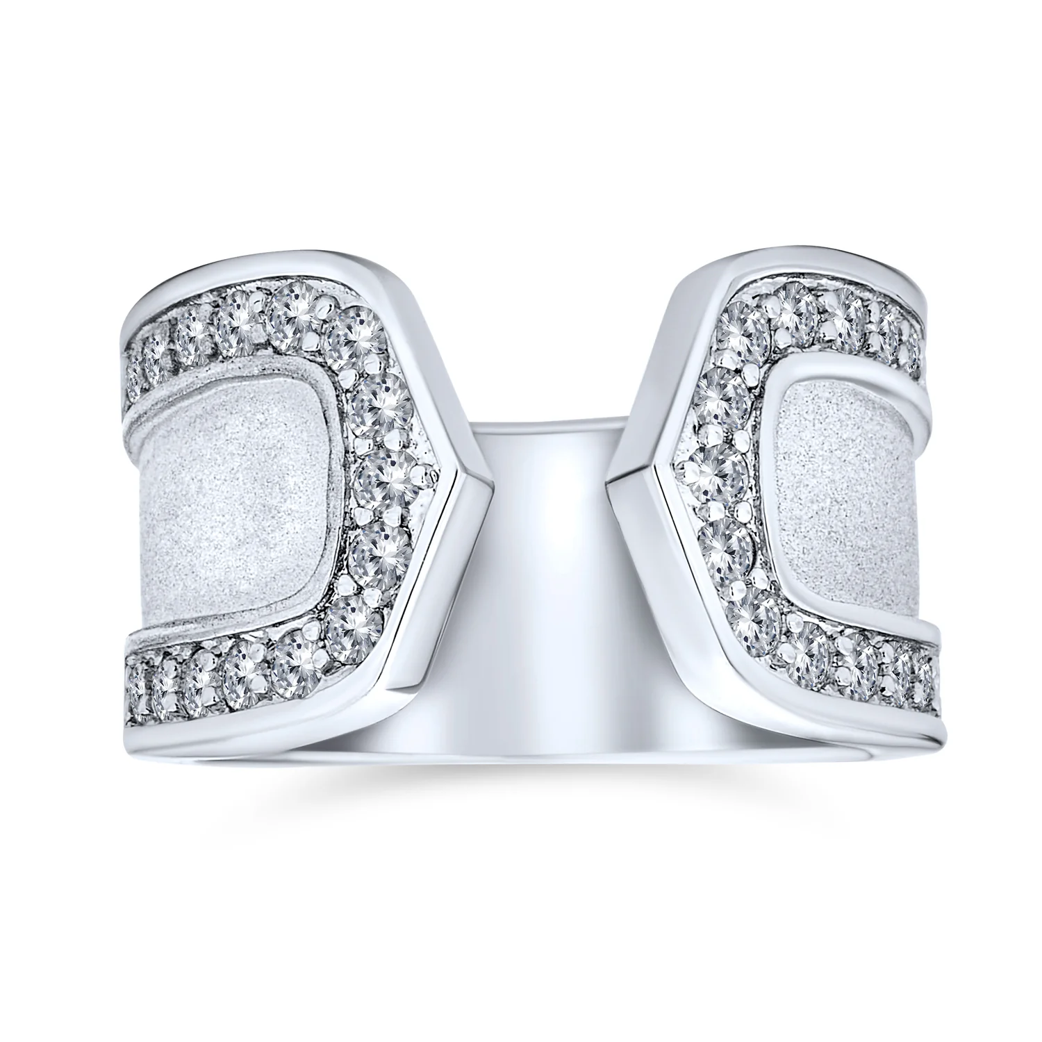 Modern Fashion CZ Accent Statement Wide Matte Finish Hammered Open Band Ring