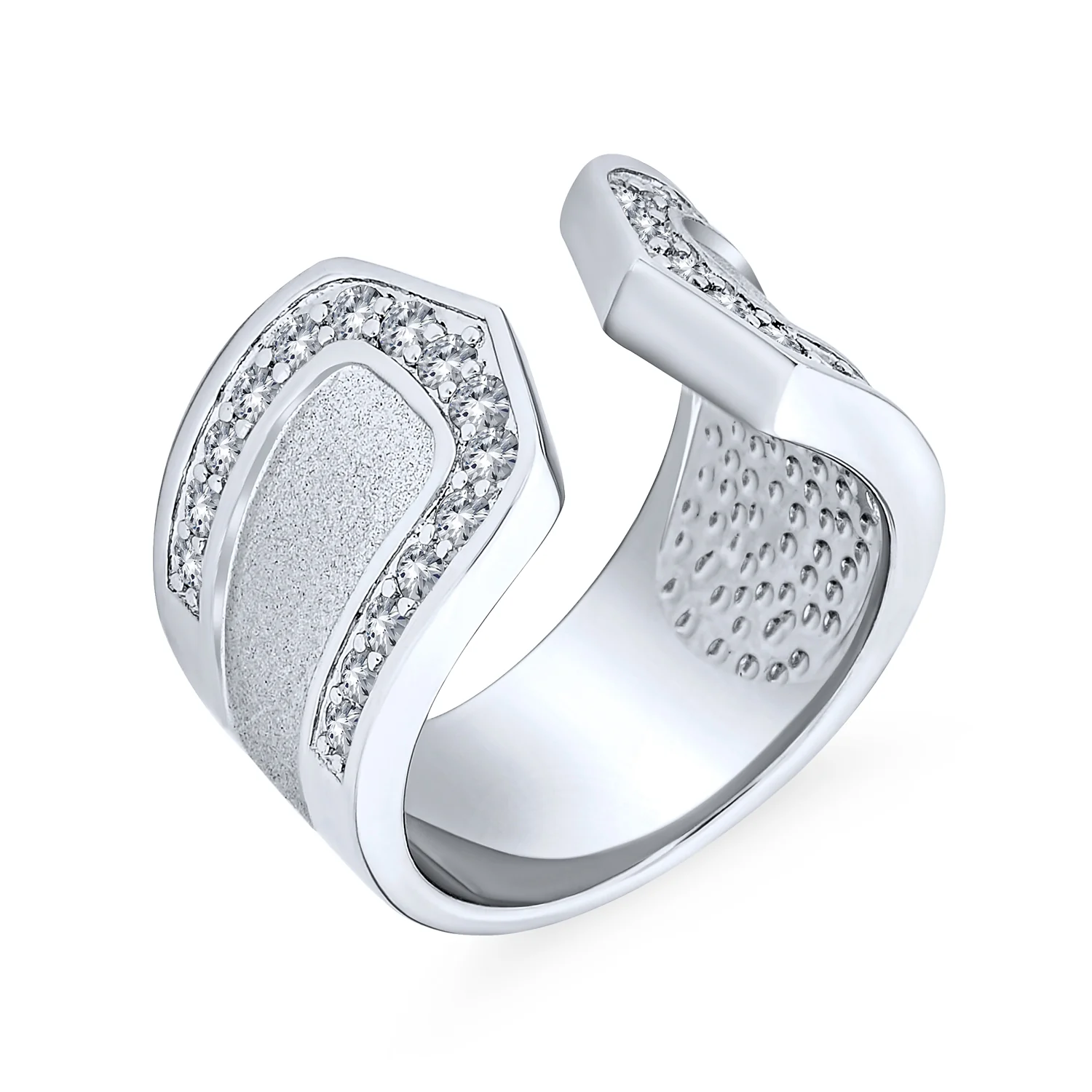 Modern Fashion CZ Accent Statement Wide Matte Finish Hammered Open Band Ring - Image 2