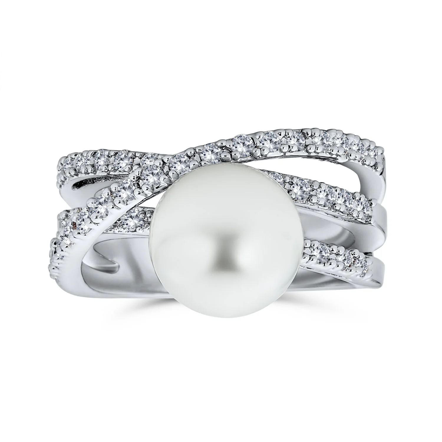 White Faux Pearl Cocktail Statement Ring Pave CZ Criss Cross Band Silver Plated