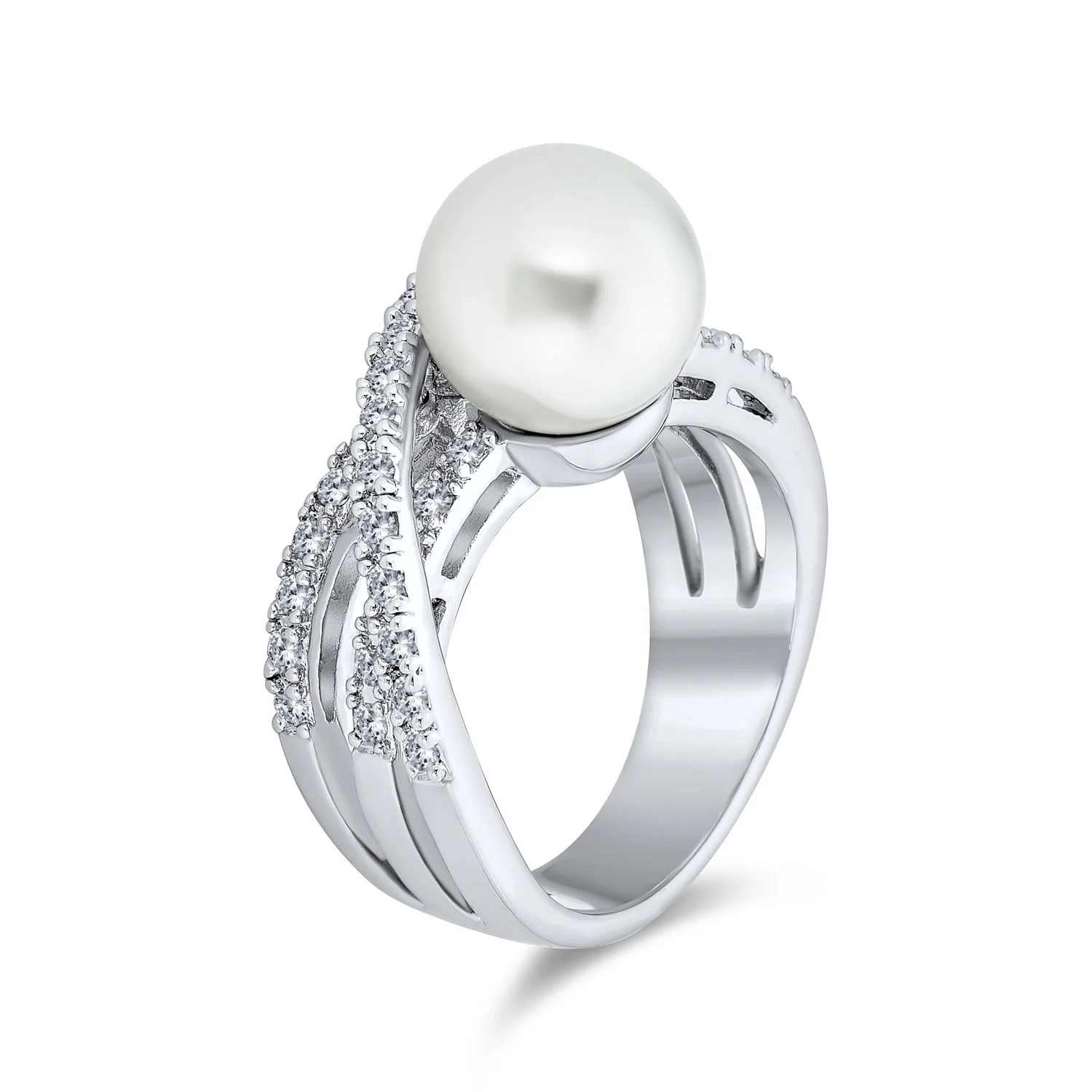 White Faux Pearl Cocktail Statement Ring Pave CZ Criss Cross Band Silver Plated - Image 2