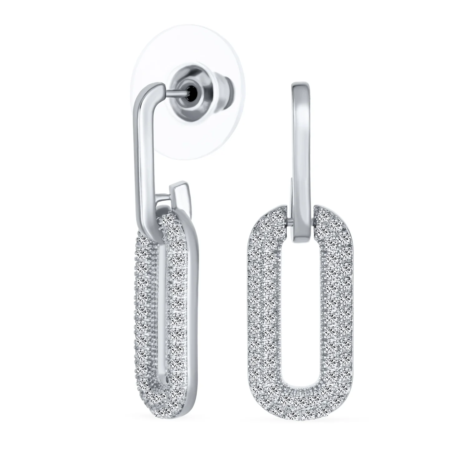 Geometric Vertical U Oval Micro Pave CZ Dangling Link Paperclip Earrings Silver Plated - Image 2