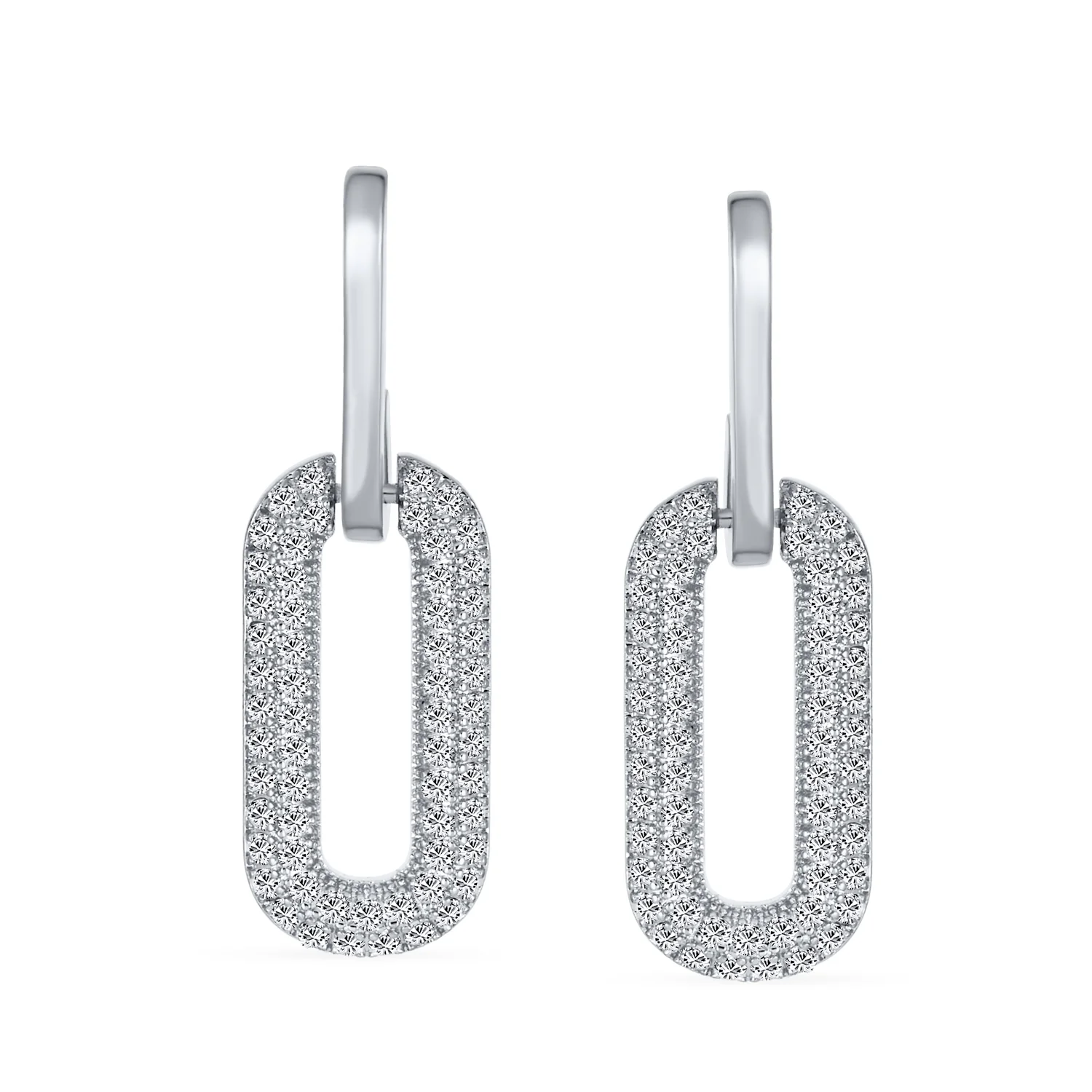 Geometric Vertical U Oval Micro Pave CZ Dangling Link Paperclip Earrings Silver Plated - Image 4