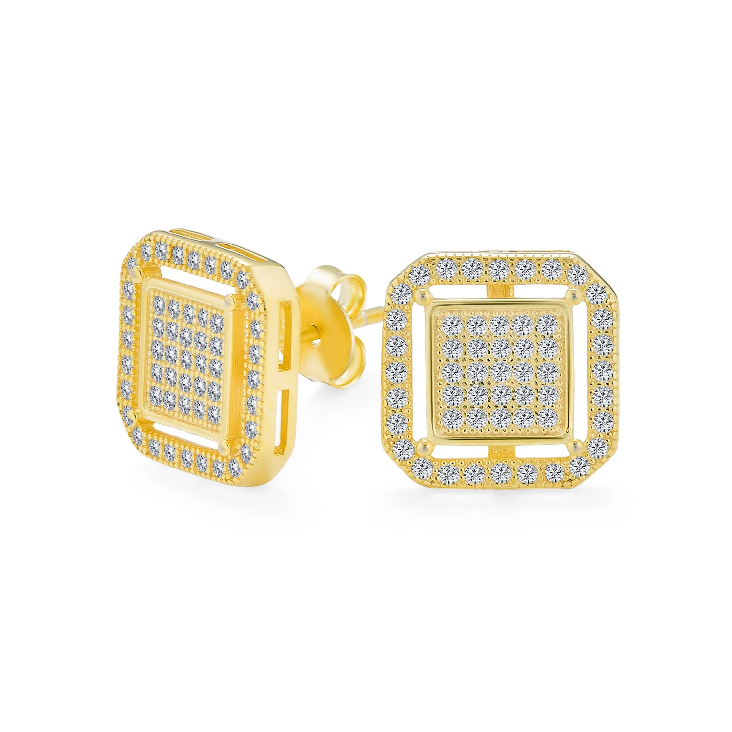 Geometric CZ Stud Earrings Flat Square Double Box Frame Sterling Silver 12MM - Image 2