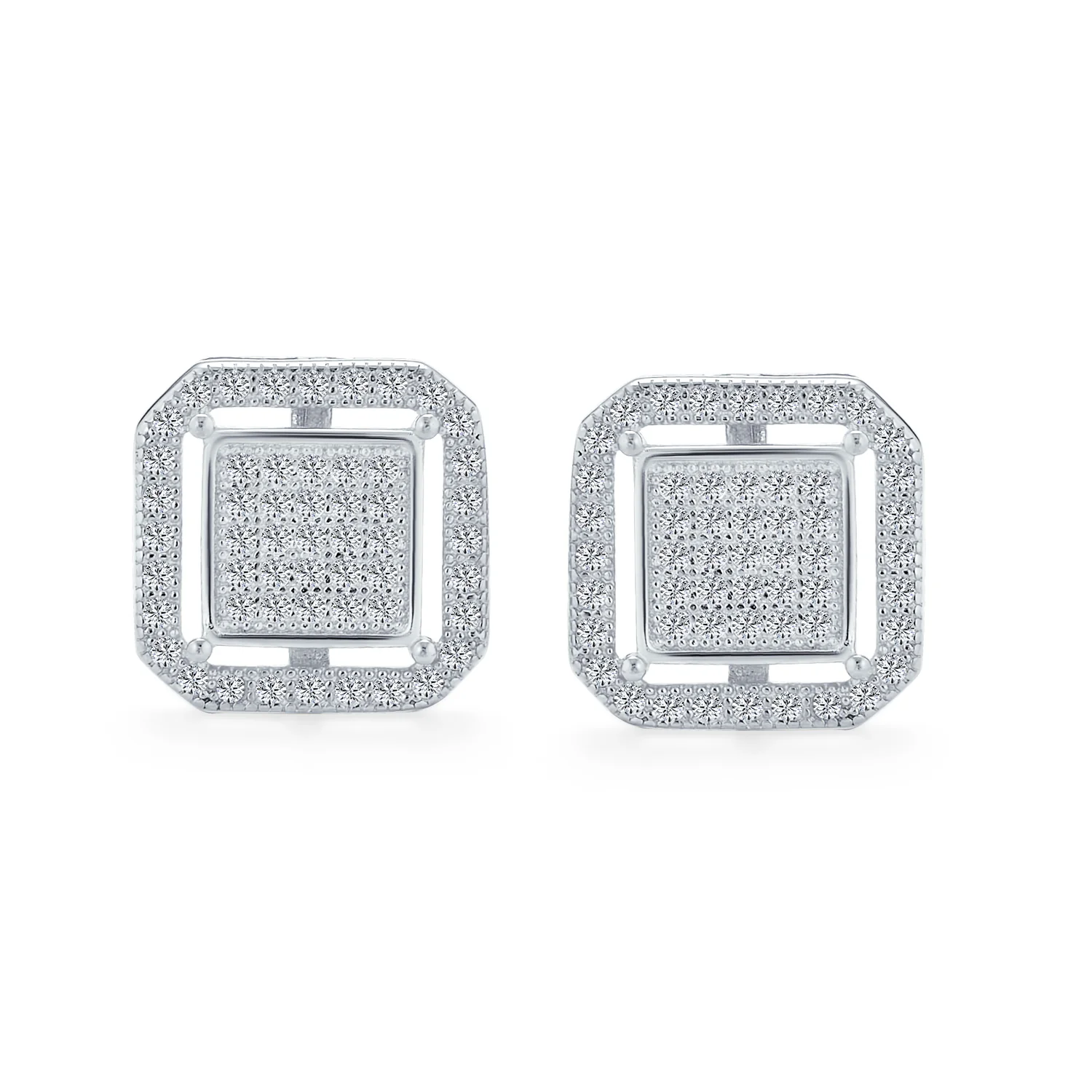 Geometric CZ Stud Earrings Flat Square Double Box Frame Sterling Silver 12MM - Image 3