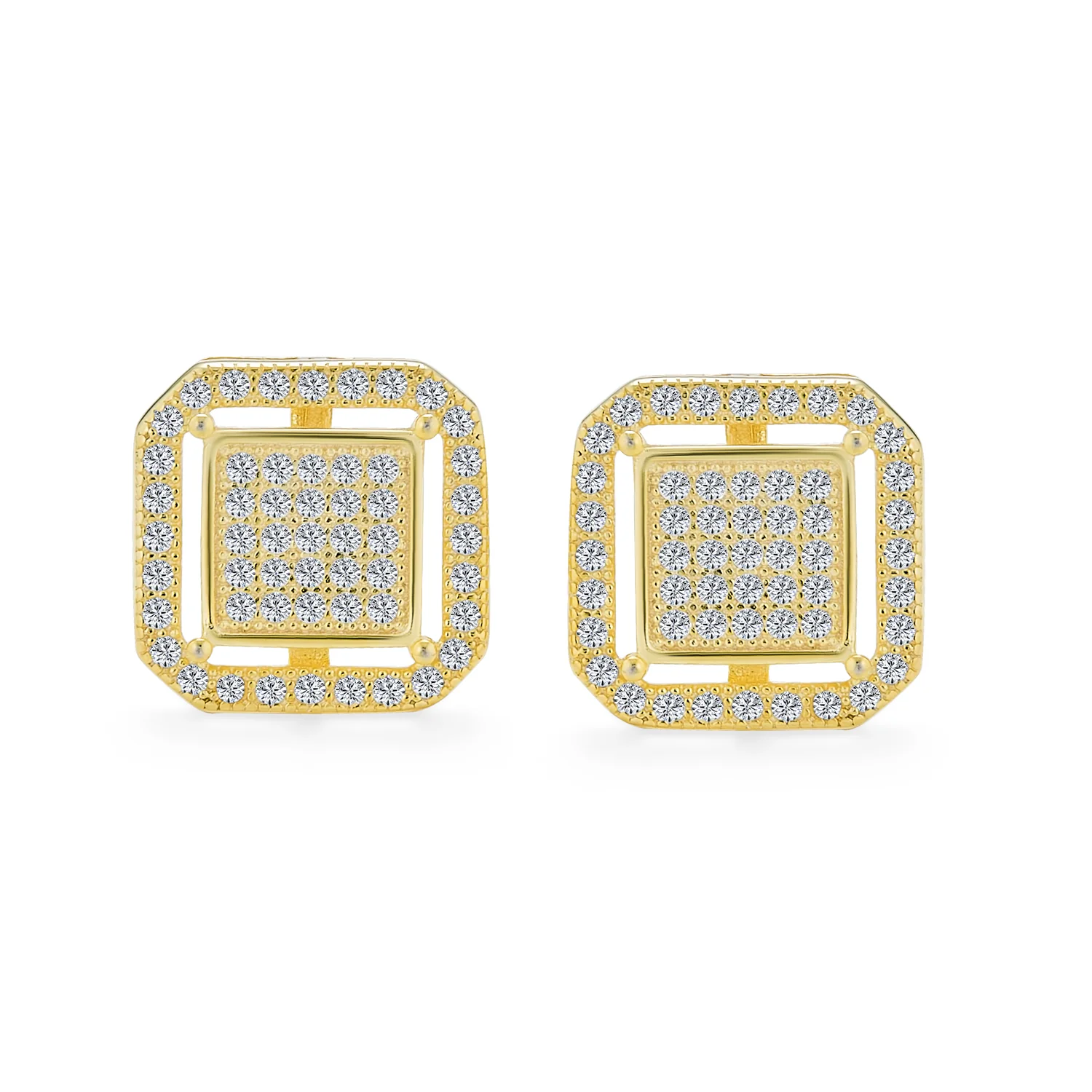 Geometric CZ Stud Earrings Flat Square Double Box Frame Sterling Silver 12MM - Image 4