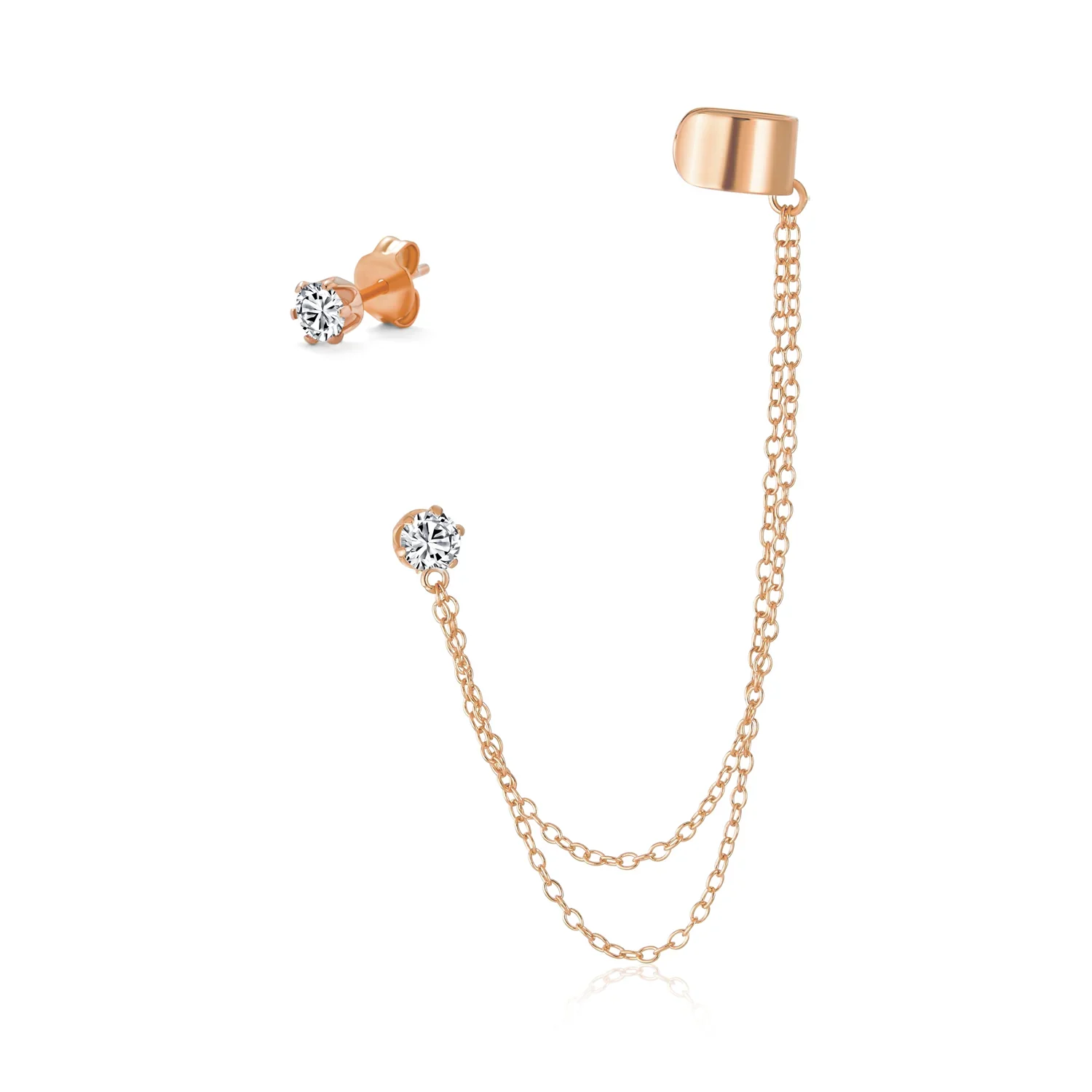 Geometric Ear Cuff Cartilage with Chains CZ Stud 14K Gold Plated Silver - Image 2