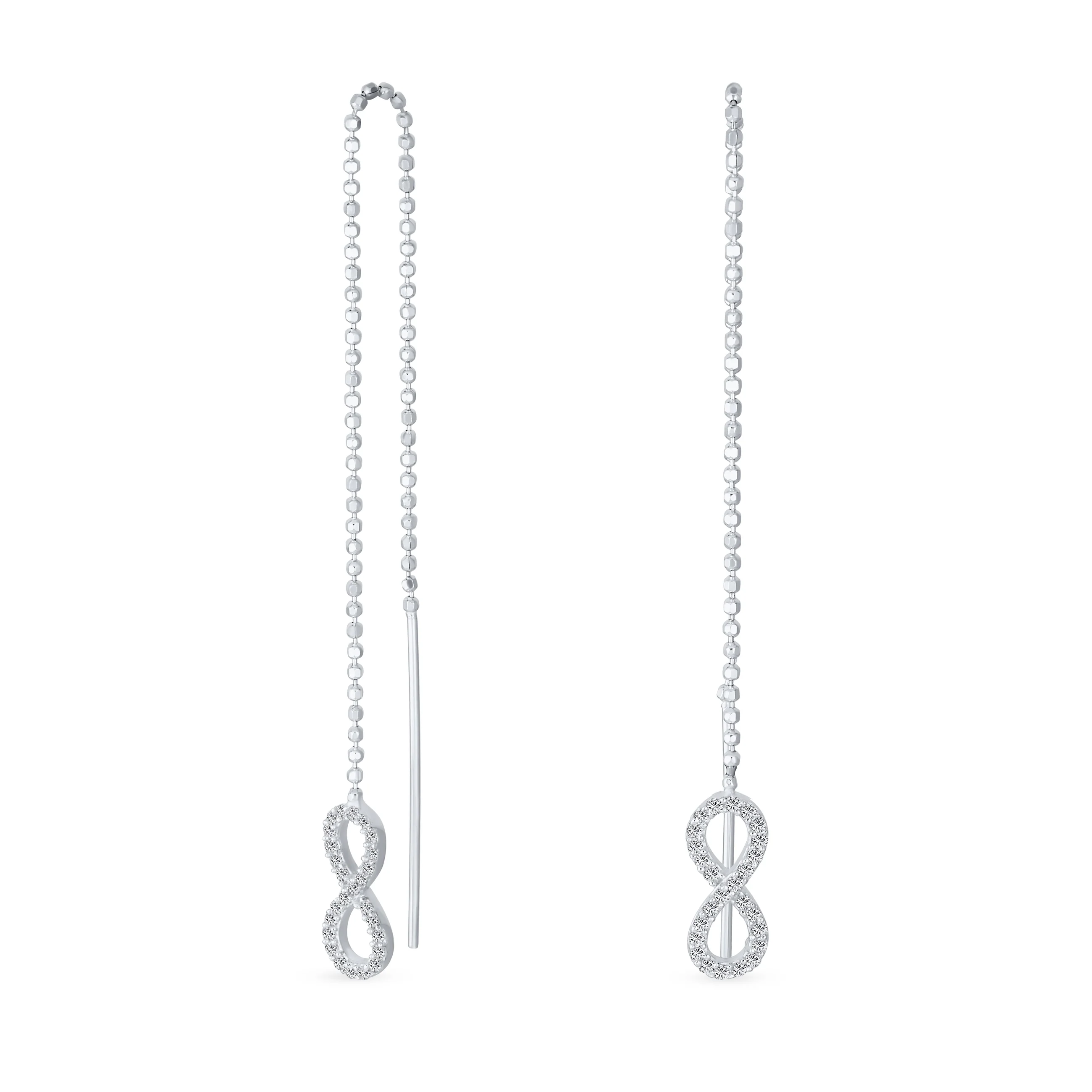 Simple Long Forever Love Knot Symbol Infinity Threader Earrings .925 Sterling Silver