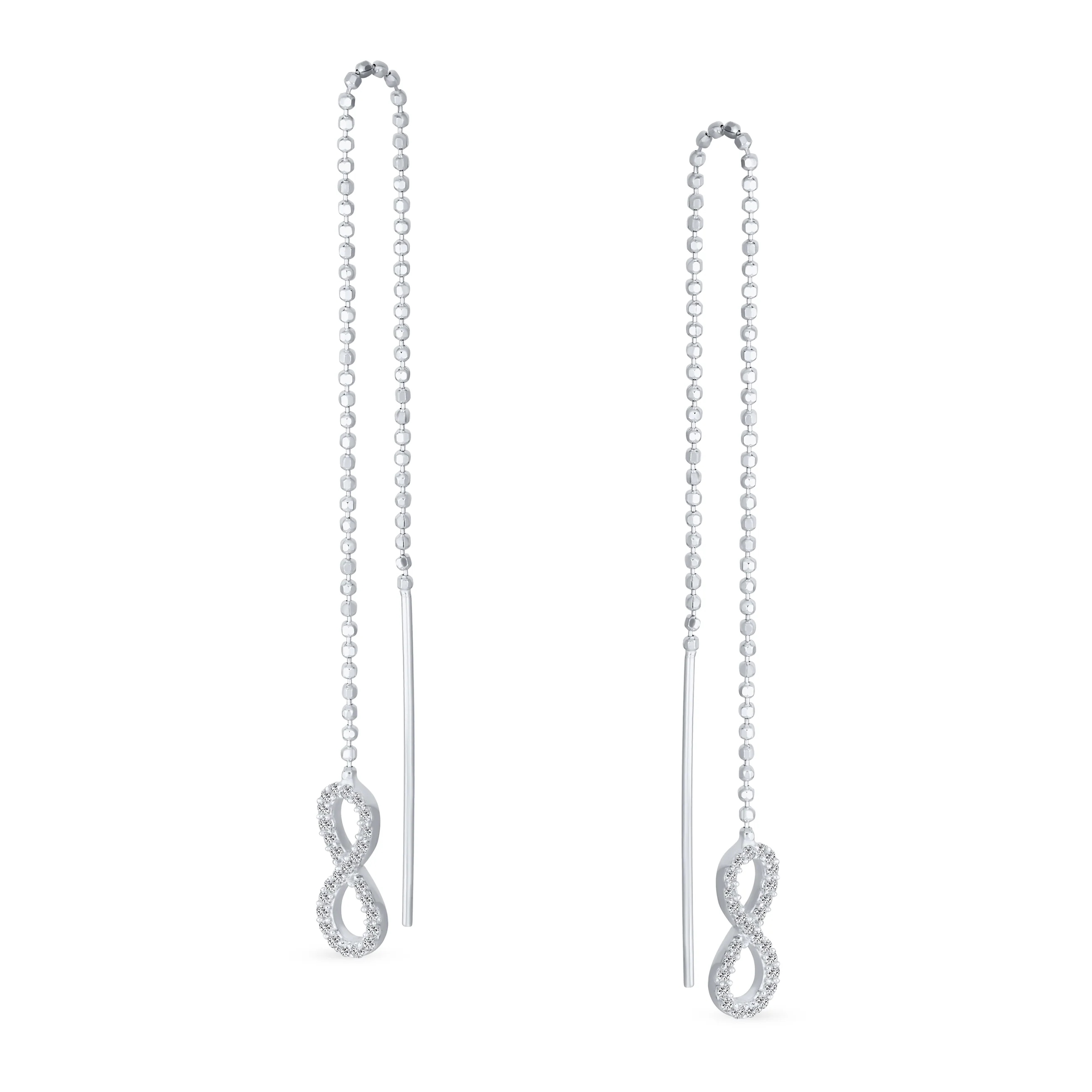 Simple Long Forever Love Knot Symbol Infinity Threader Earrings .925 Sterling Silver - Image 2