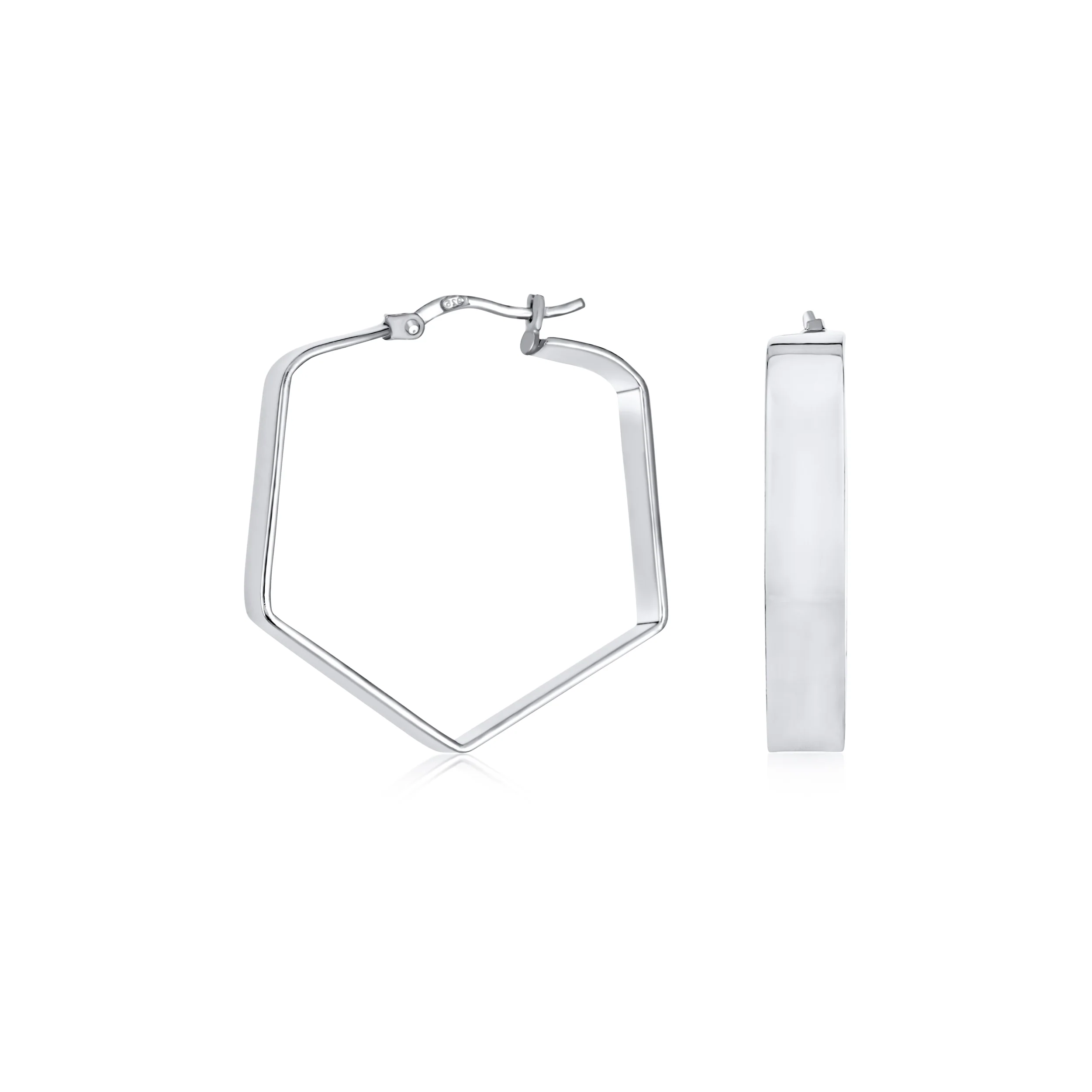 Geometric Flat Hexagon Hoop Huggie Earrings Gold Plated Sterling Silver 1.25" - Image 2