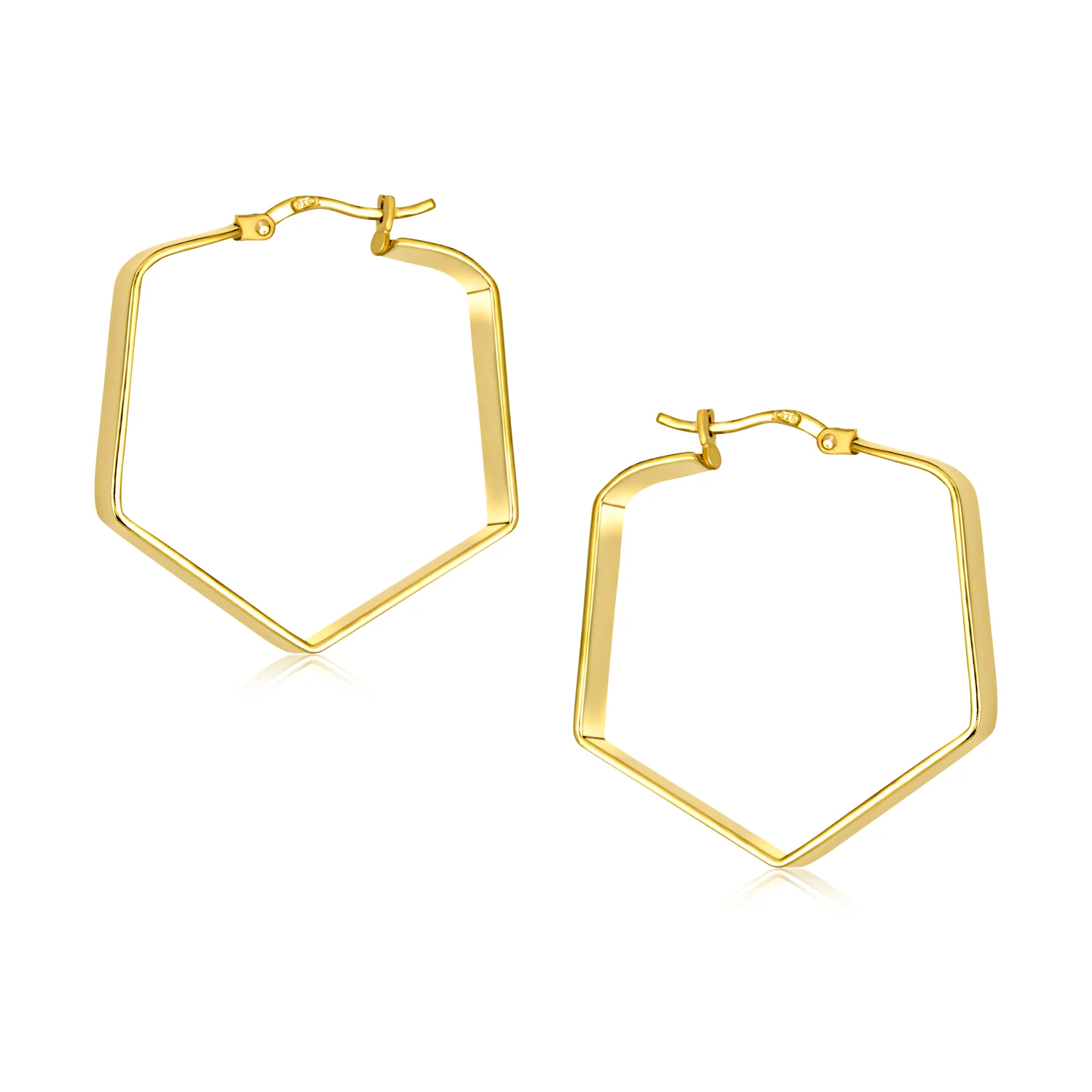 Geometric Flat Hexagon Hoop Huggie Earrings Gold Plated Sterling Silver 1.25" - Image 3
