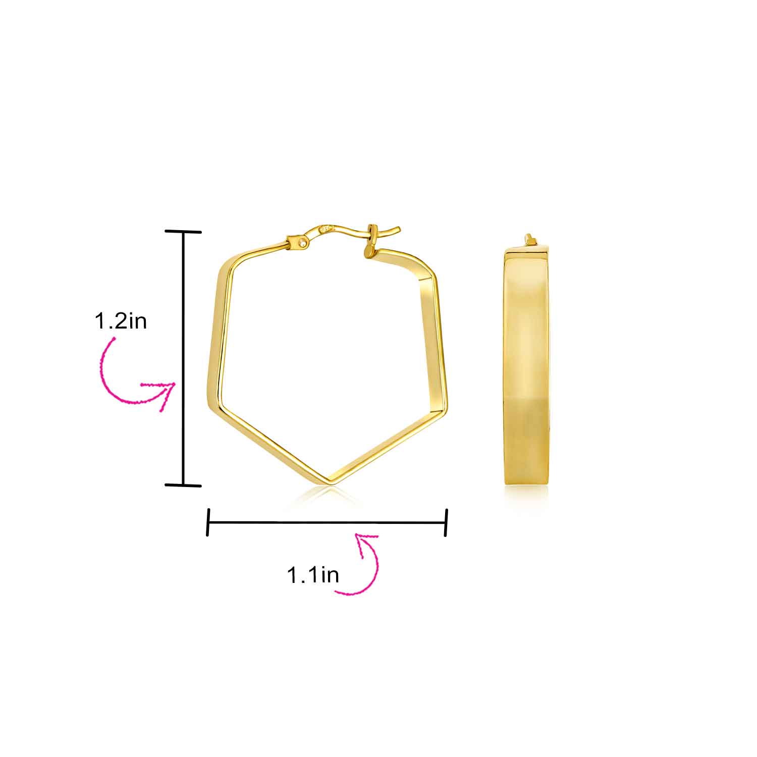 Geometric Flat Hexagon Hoop Huggie Earrings Gold Plated Sterling Silver 1.25" - Image 7
