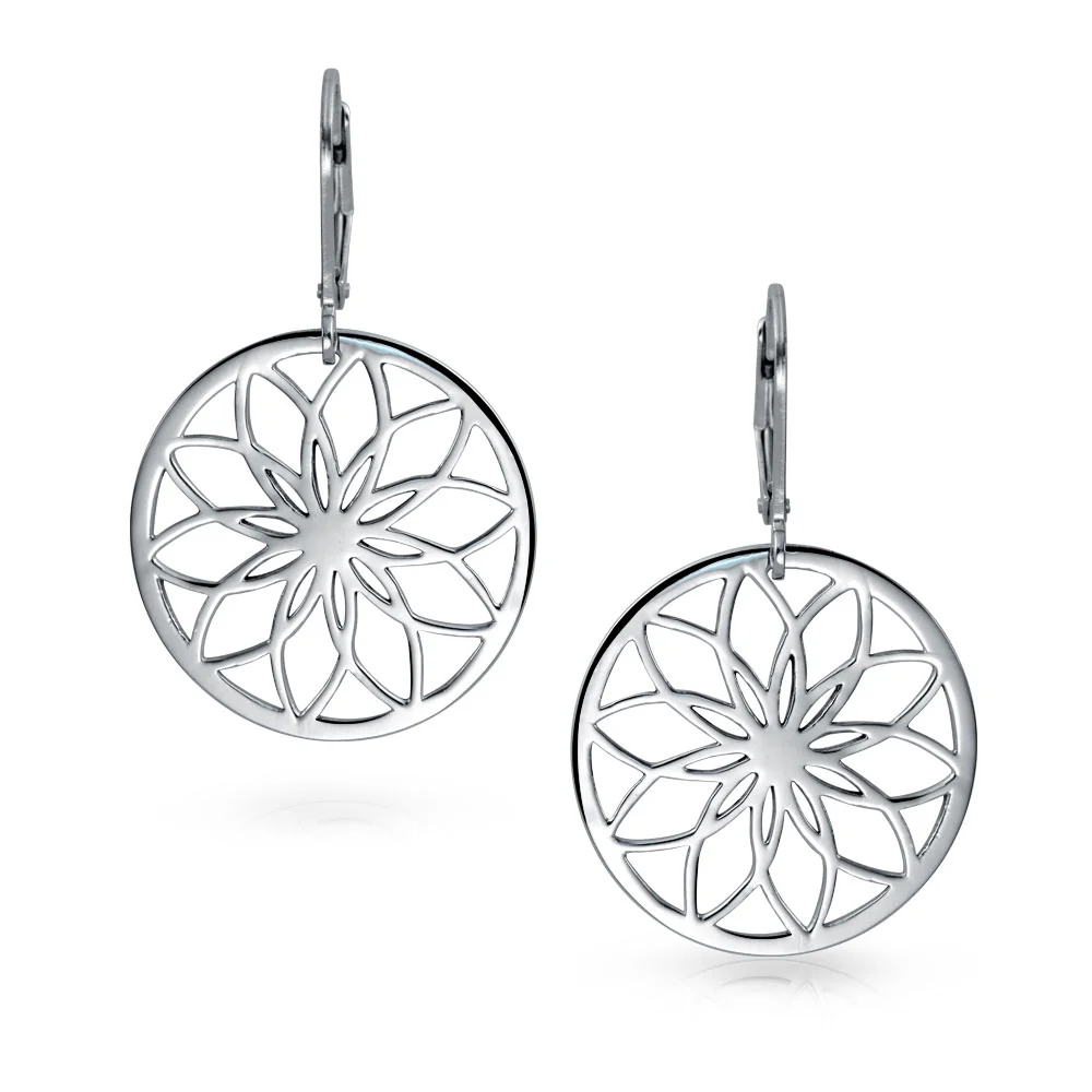 Floral Garden Disc Cutout Flower Dangle Earrings Leverback - Image 3