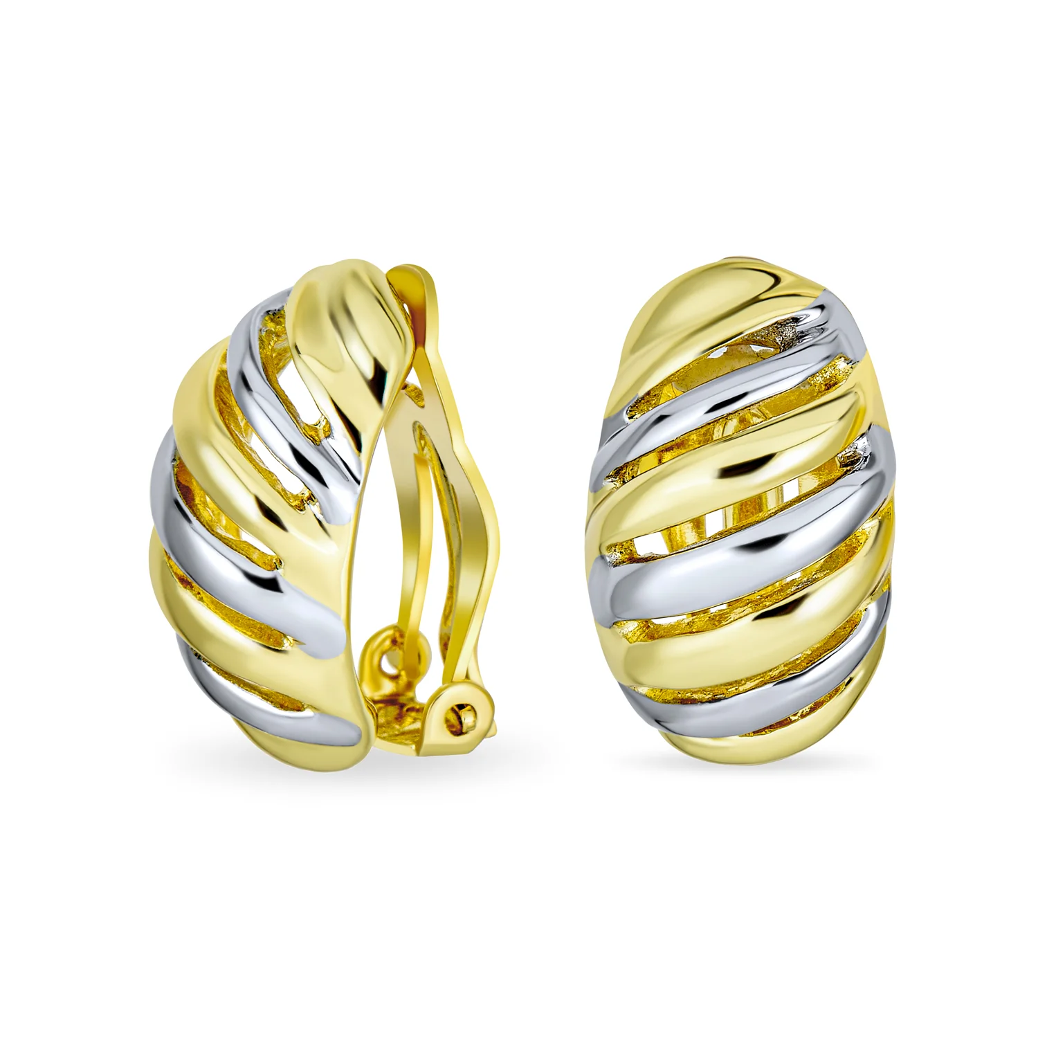 Grooved Twist Hoop Two Tone Dome Clip On Earrings Gold