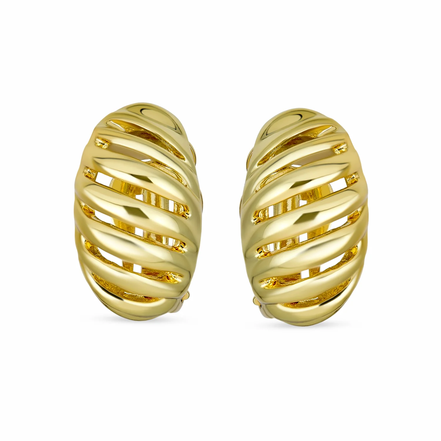 Grooved Twist Hoop Two Tone Dome Clip On Earrings Gold - Image 4
