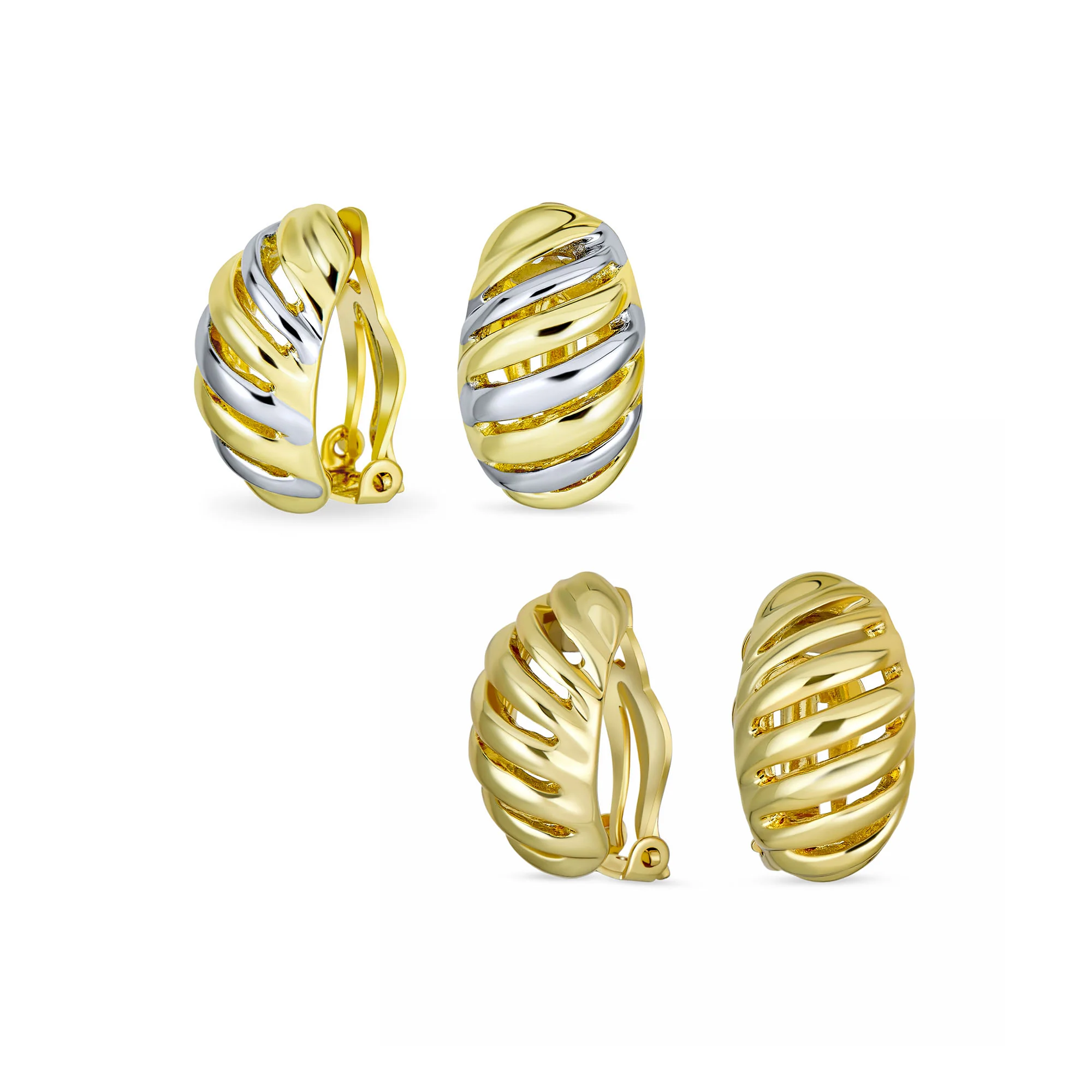 Set of 2 Twist Shrimp Half Hoop Clip-On Earrings Gold Silver