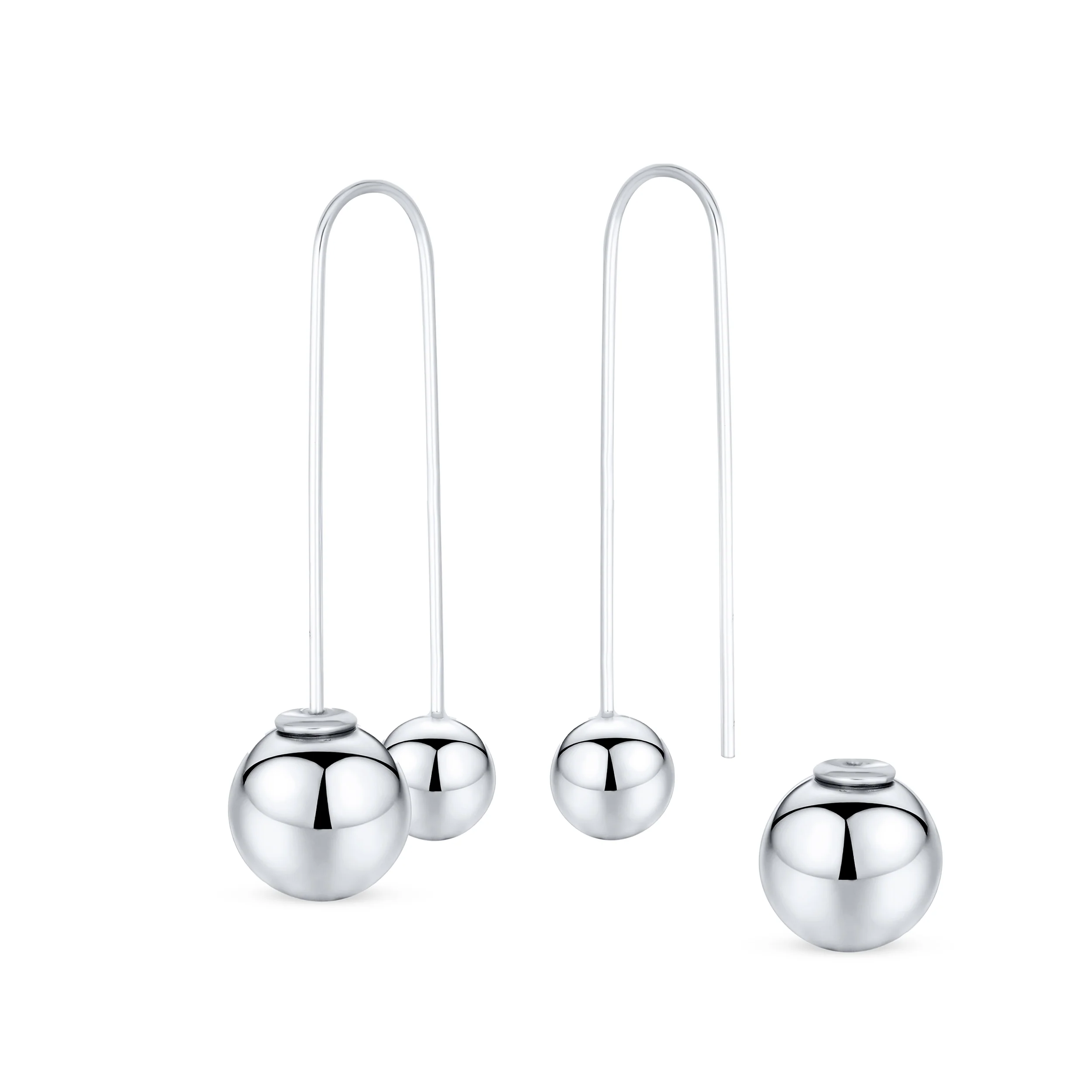 Geometric Long Wire Double Bead Ball Threader Earrings .925 Sterling Silver