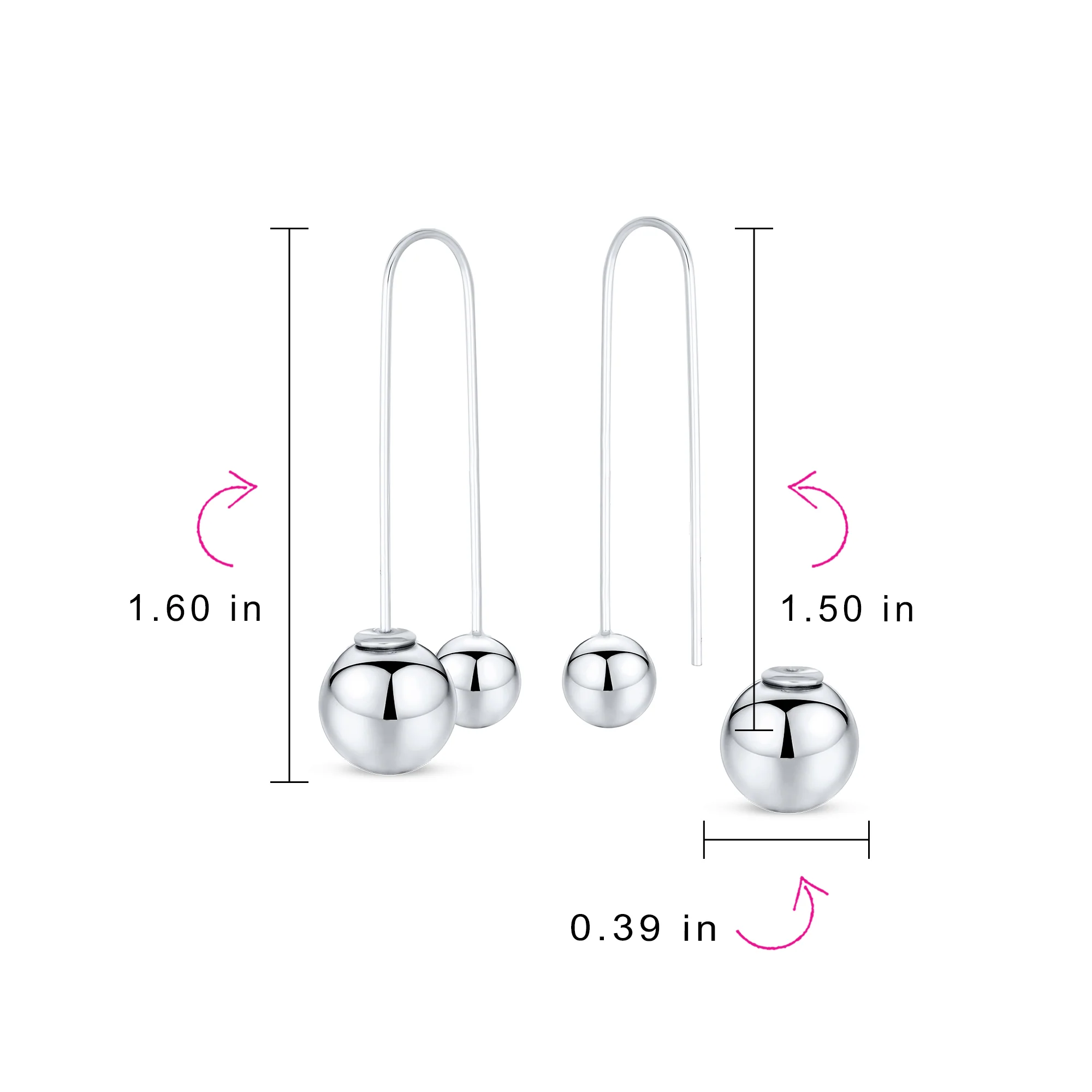 Geometric Long Wire Double Bead Ball Threader Earrings .925 Sterling Silver - Image 4