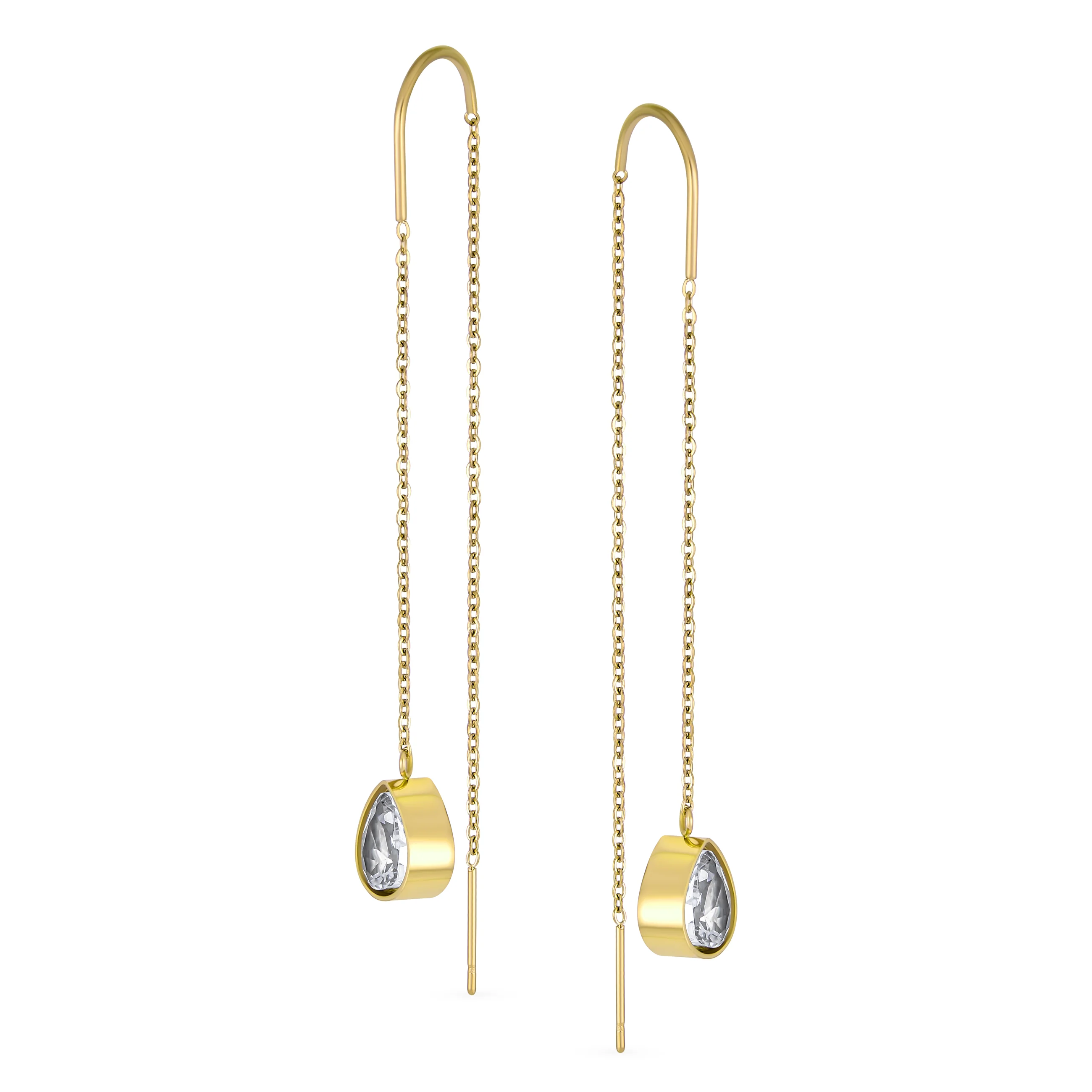 Set of 2 Long Wire Hook CZ Teardrop Threader Earrings Rose Gold Plated Steel - Image 2