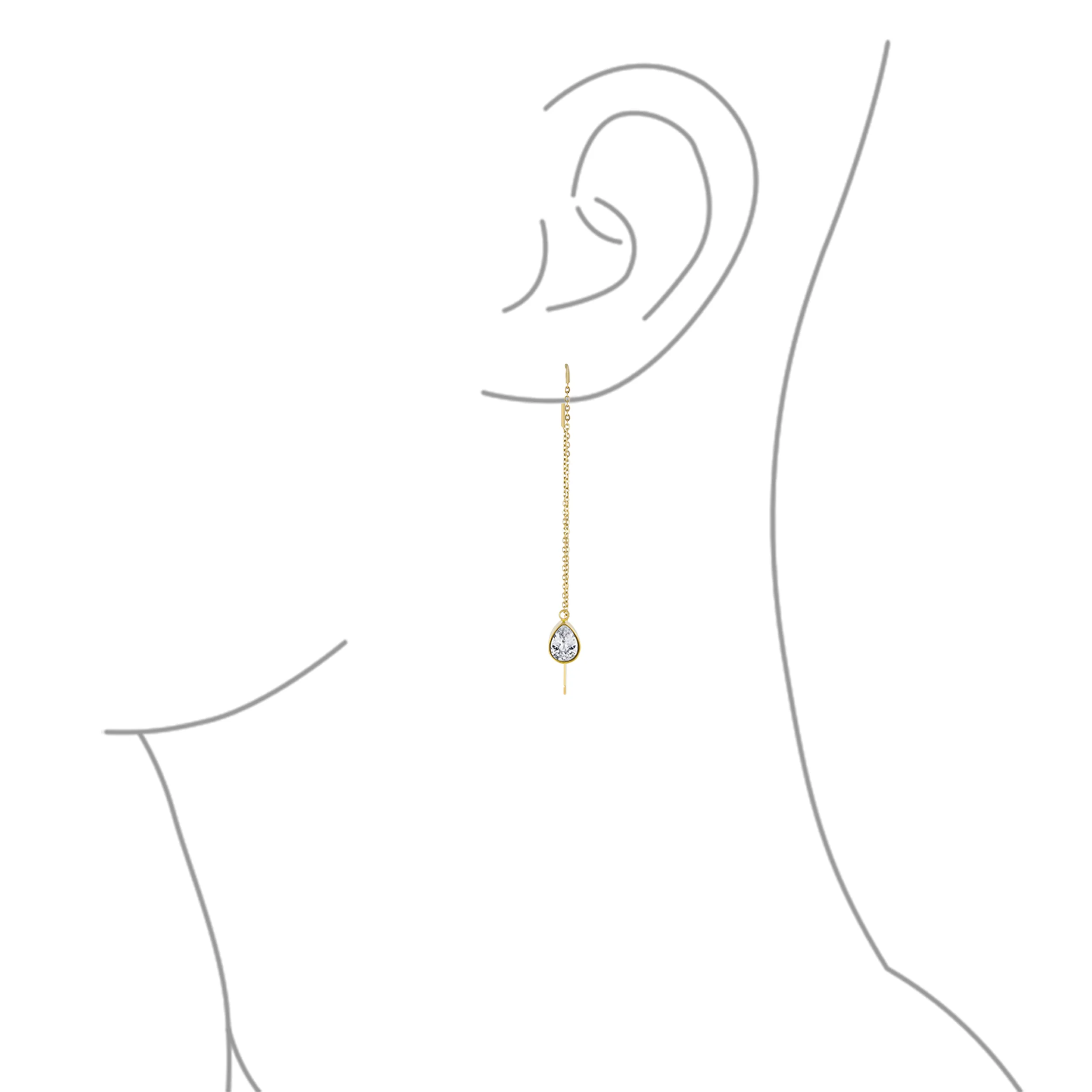 Set of 2 Long Wire Hook CZ Teardrop Threader Earrings Rose Gold Plated Steel - Image 3