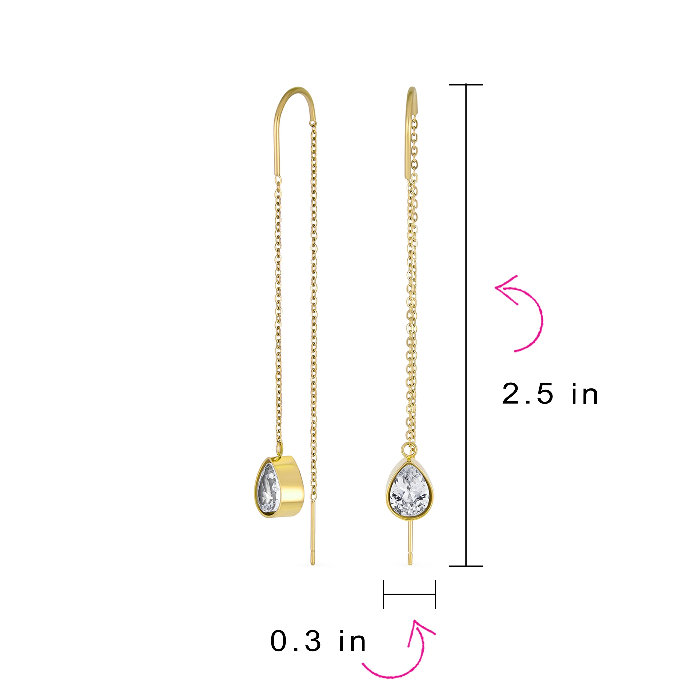 Set of 2 Long Wire Hook CZ Teardrop Threader Earrings Rose Gold Plated Steel - Image 4