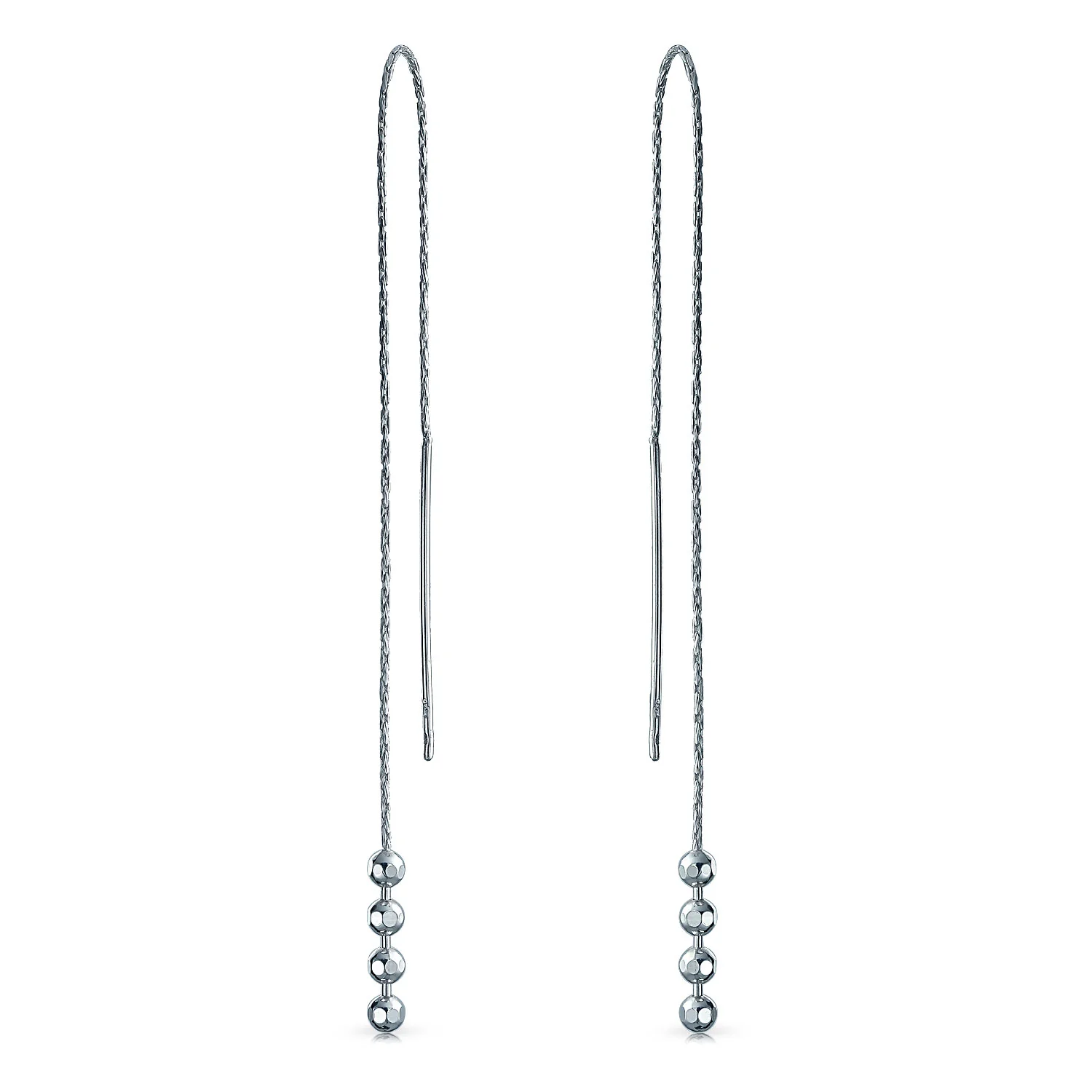 Geometric Minimalist Dangle Earrings Long Chain with Four Bead Balls Silver