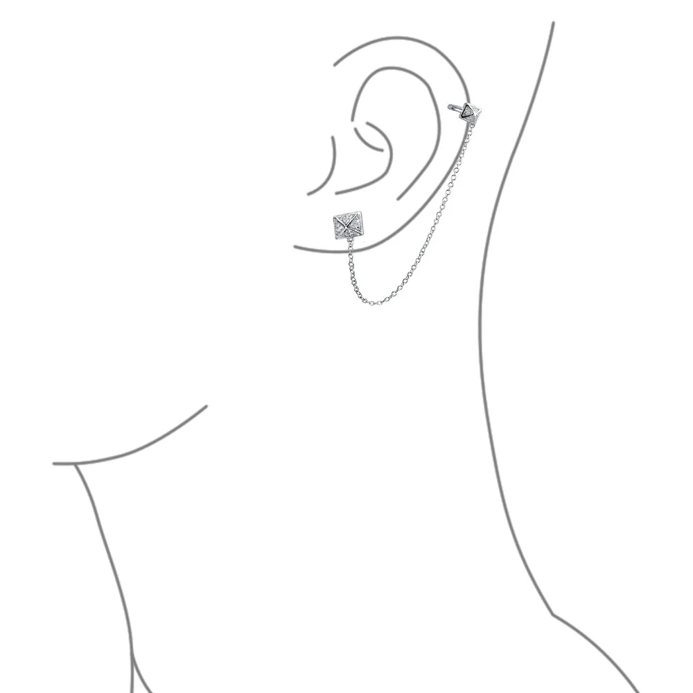 Geometric Pyramid Chain Ear Cuff Cartilage Wrap Earring Pave CZ Stud Set Silver - Image 2
