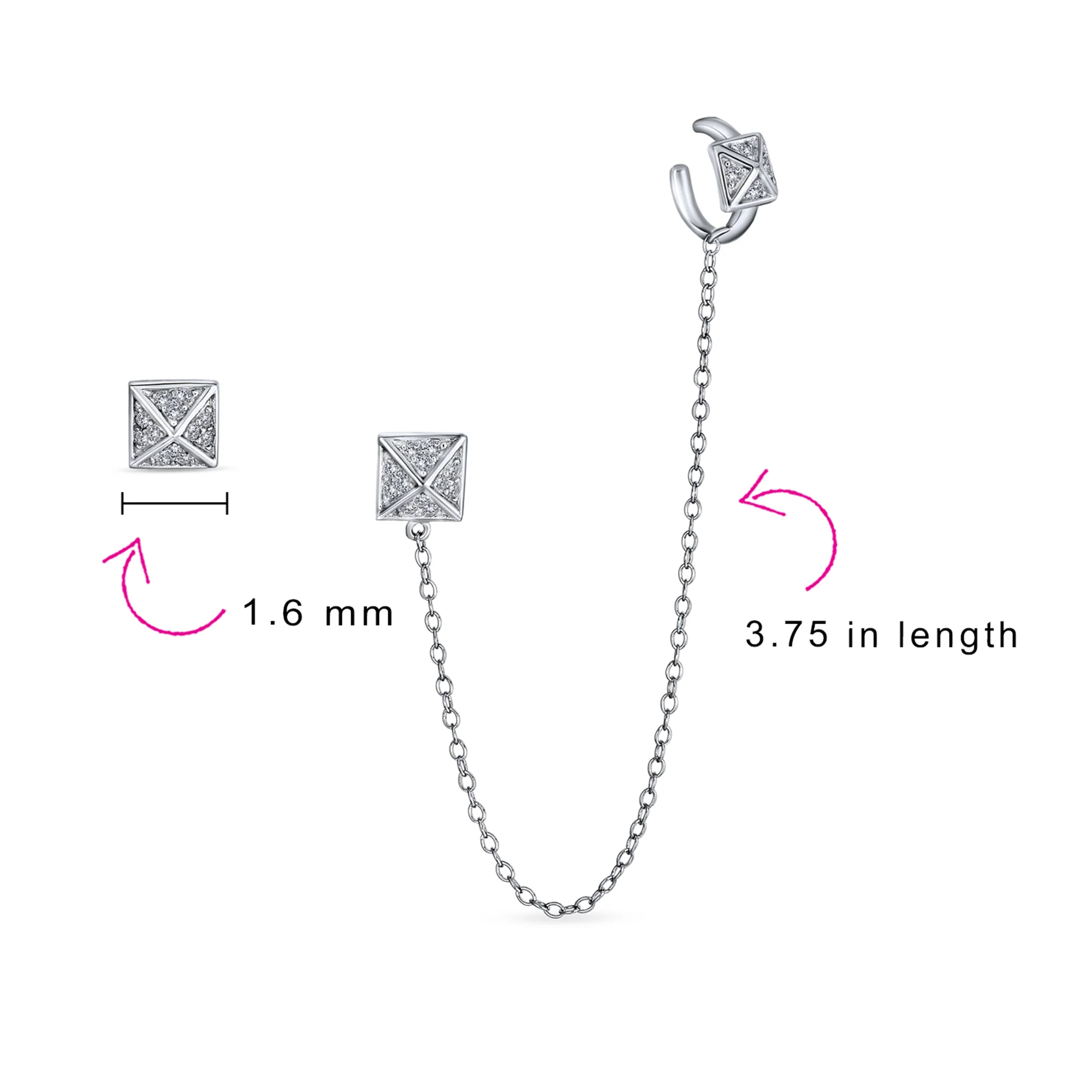 Geometric Pyramid Chain Ear Cuff Cartilage Wrap Earring Pave CZ Stud Set Silver - Image 3