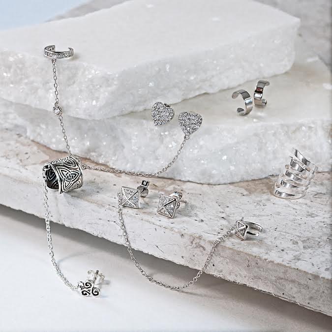 Geometric Pyramid Chain Ear Cuff Cartilage Wrap Earring Pave CZ Stud Set Silver - Image 4
