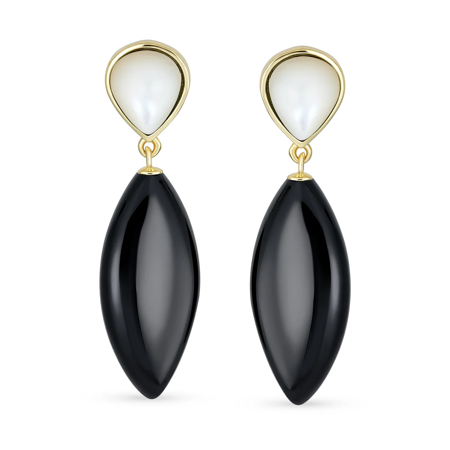 Fashion Statement Black White Teardrop Nature Stone Dangling Earrings Gold Plated - Image 4