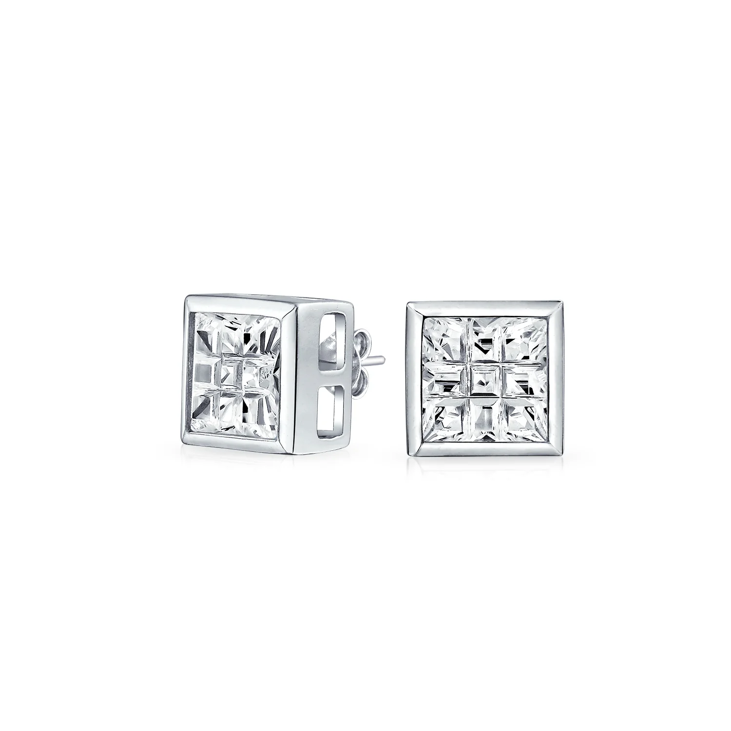 Geometric Round Square CZ Stud Earrings Bezel Set Sterling Silver 5-10 MM