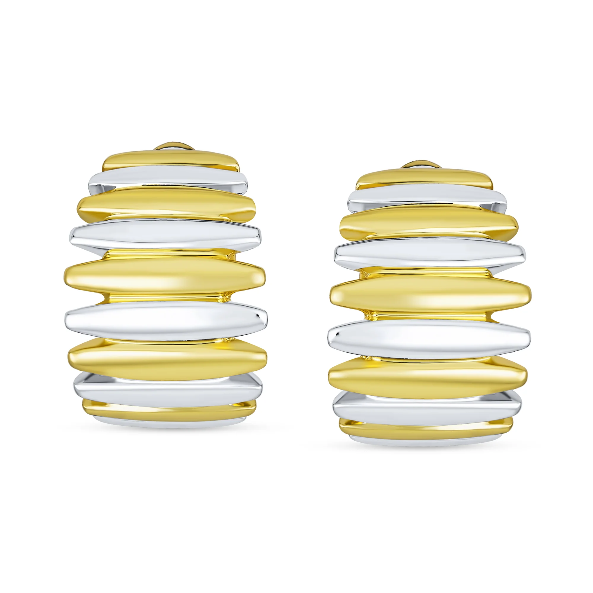 Two Tone Stripe Shrimp Half Hoop Clip On Earrings Non-Pierced Ears Gold Silver - Image 2