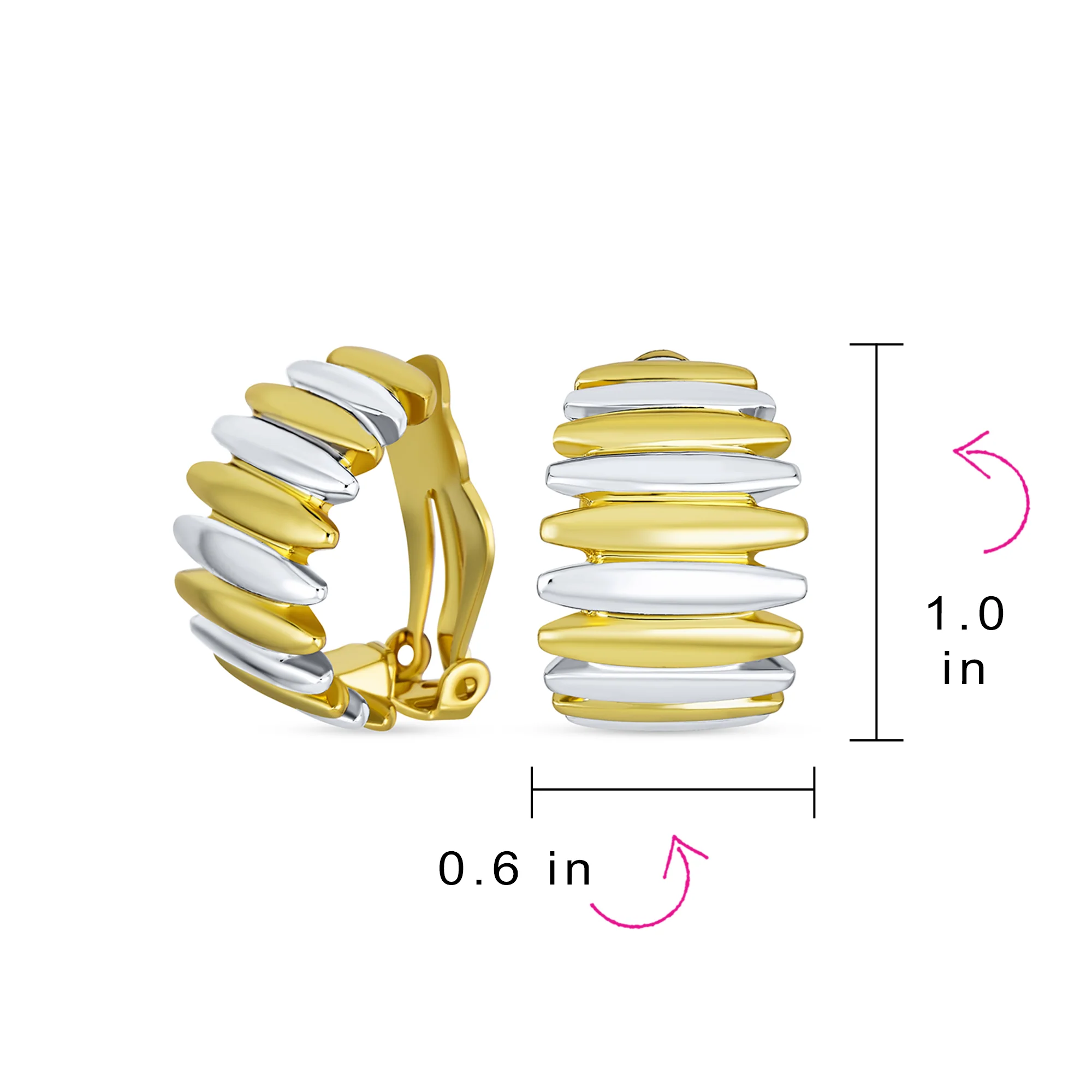 Two Tone Stripe Shrimp Half Hoop Clip On Earrings Non-Pierced Ears Gold Silver - Image 5