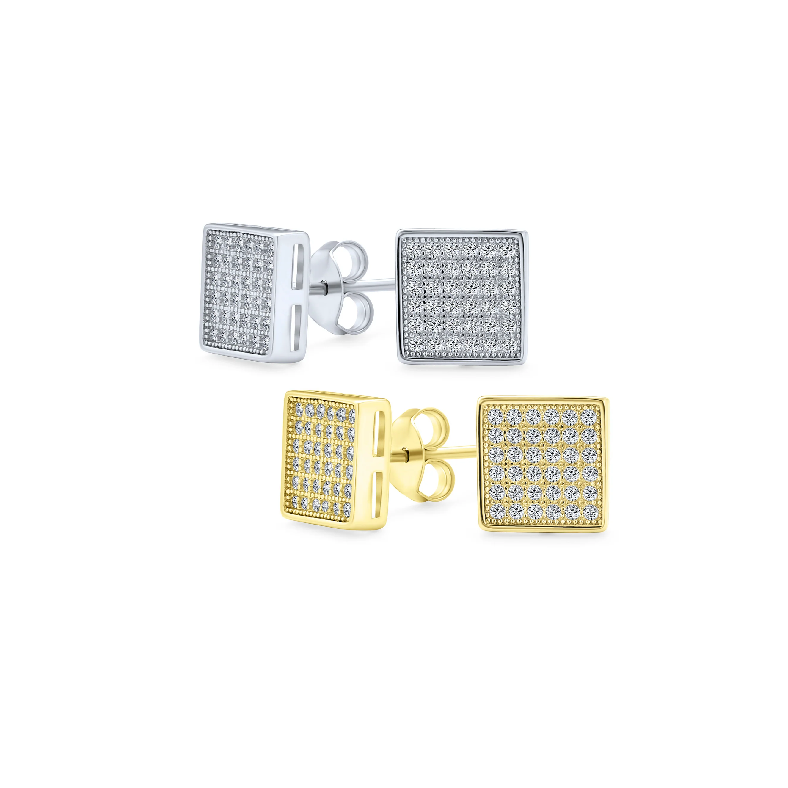 Set of 2 Geometric Square CZ Stud Earrings Gold Sterling Silver 5MM - Image 3