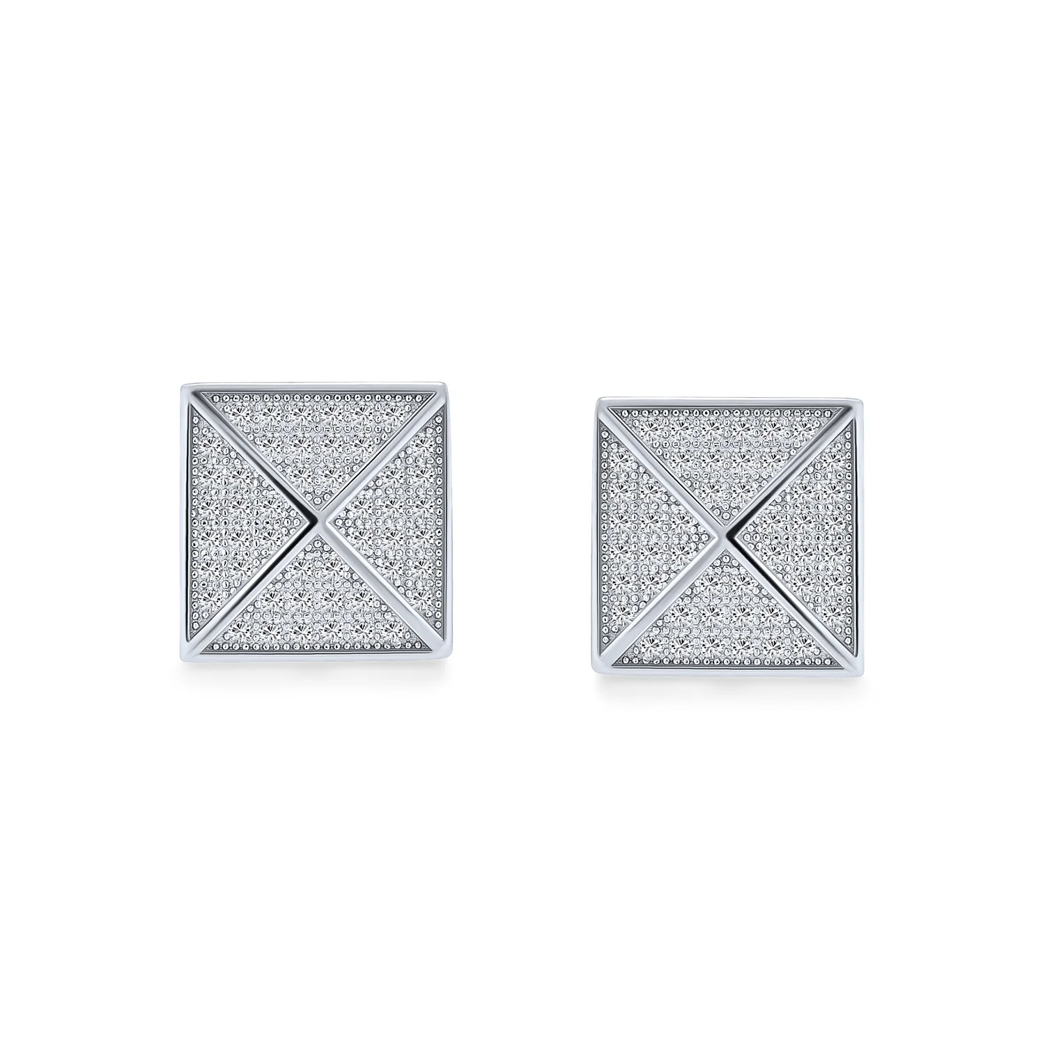 Geometric Men's Square CZ Stud Earrings, Sterling Silver, 9-11 MM Pyramid Design - Image 2