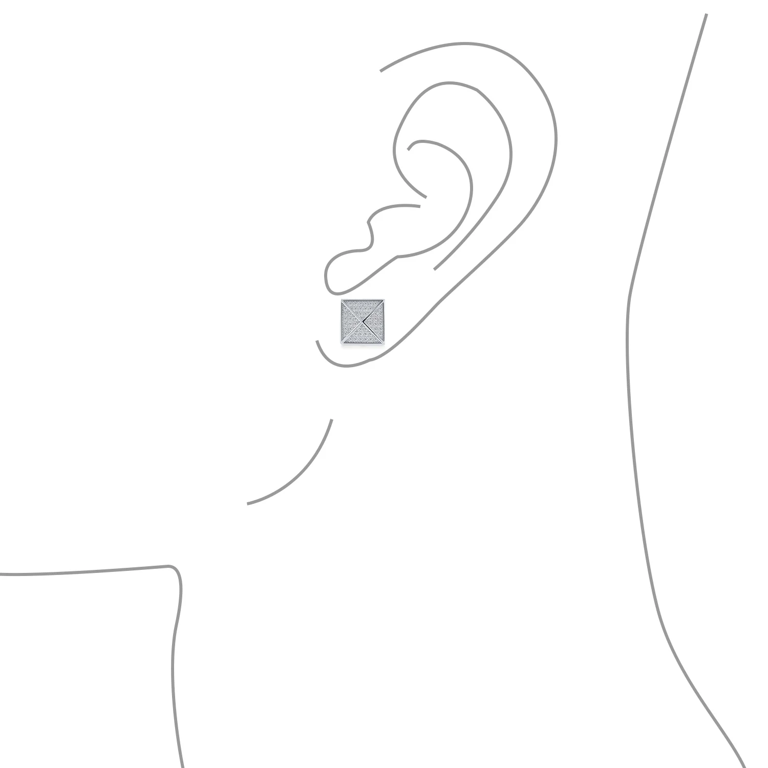 Geometric Men's Square CZ Stud Earrings, Sterling Silver, 9-11 MM Pyramid Design - Image 3