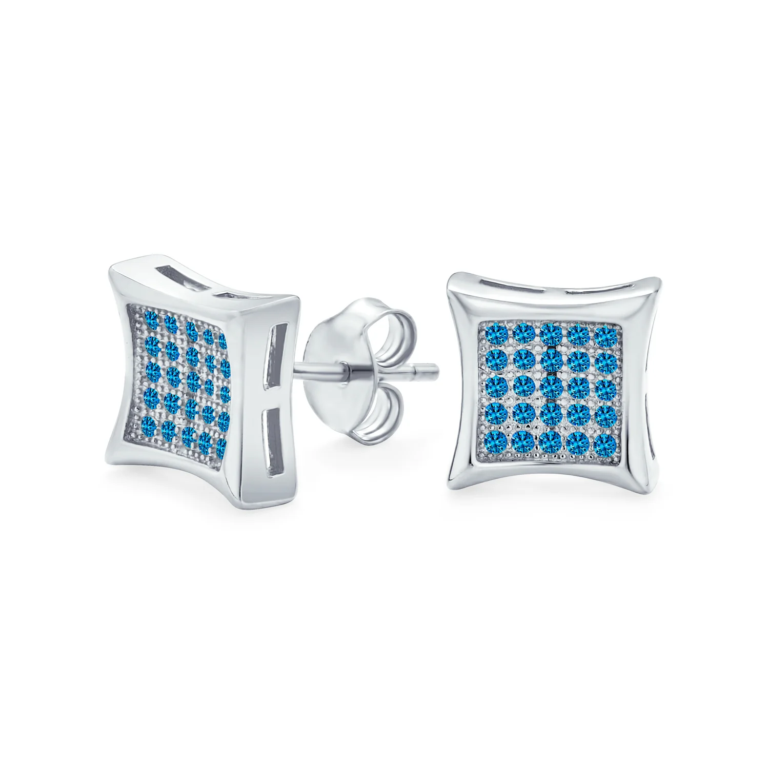 Square Shaped Cubic Zirconia Micro Pave Blue CZ Kite Stud Earrings .925 Sterling Silver