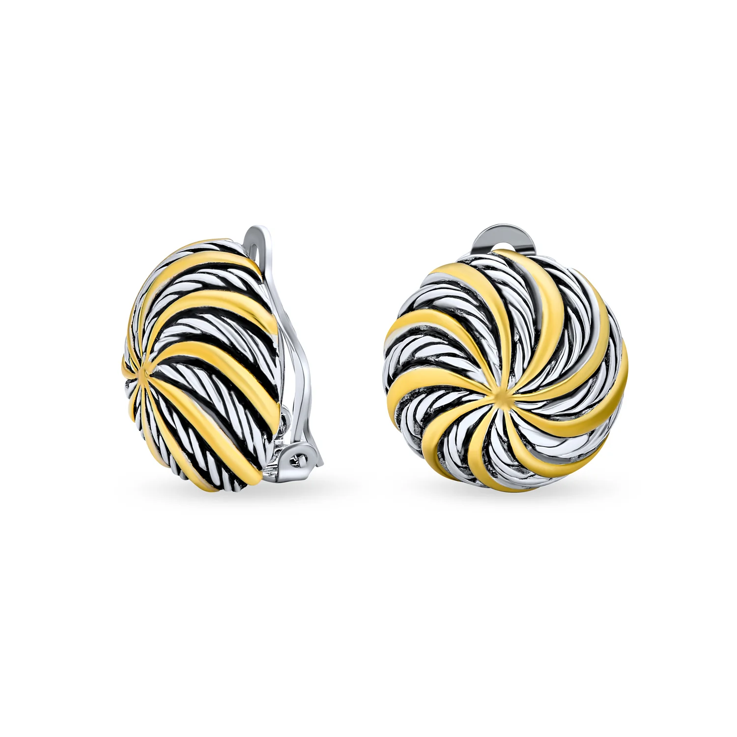 Geometric Swirl Clip-On Earrings Two-Tone Round Disc Gold