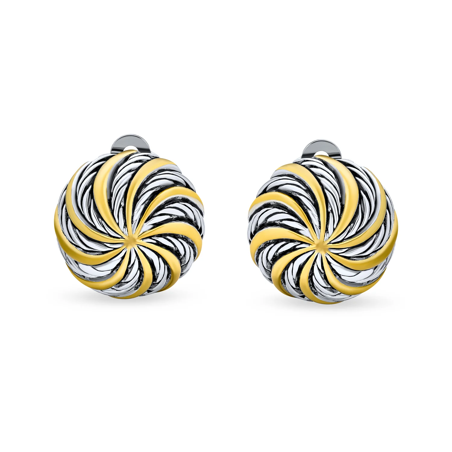 Geometric Swirl Clip-On Earrings Two-Tone Round Disc Gold - Image 2