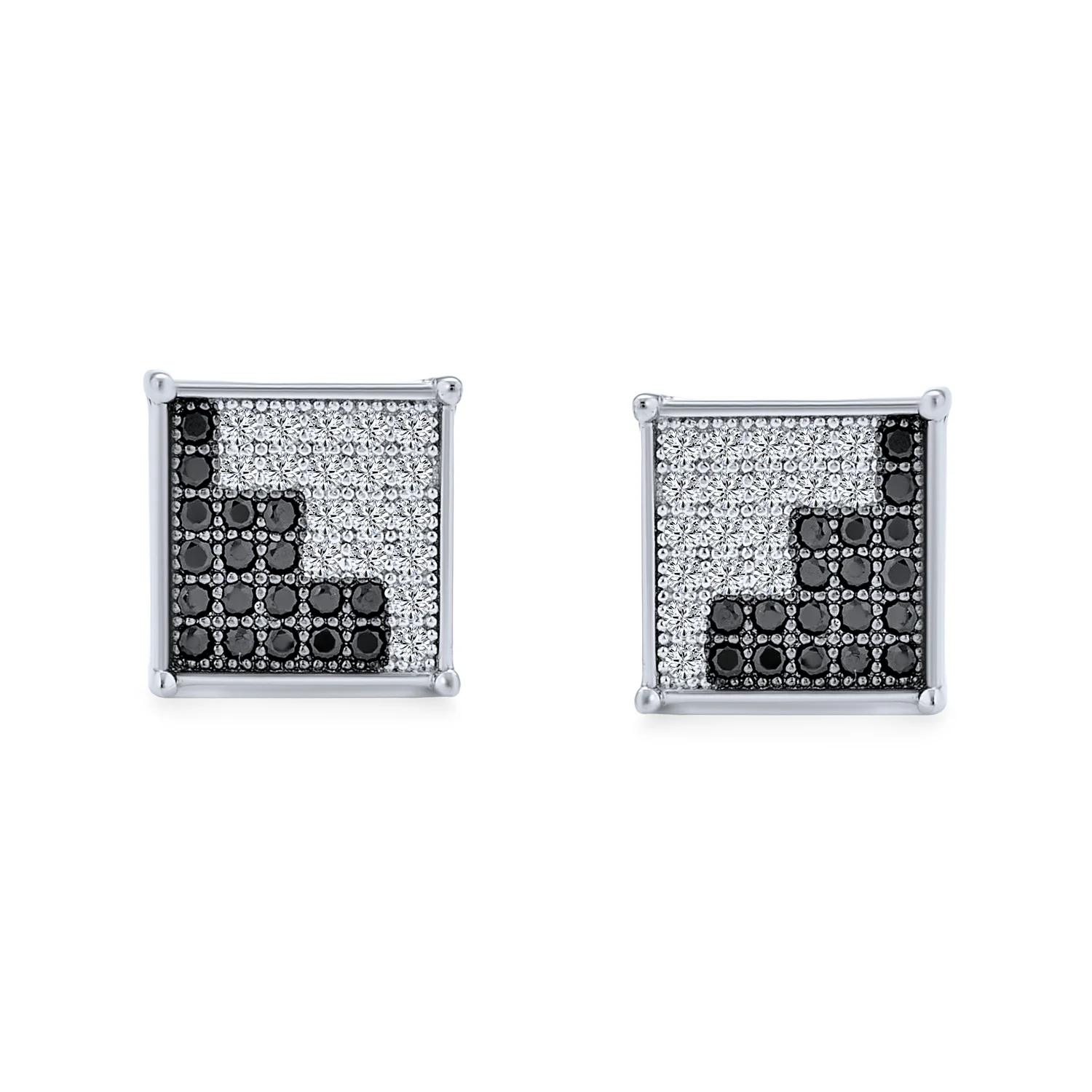Geometric Two Tone Zig Zag CZ Stud Earrings for Men in Sterling Silver - Image 3