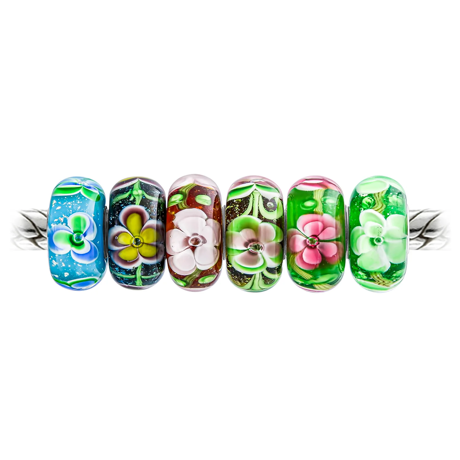Set of 6 Floral Murano Glass Charm Bead Sterling Silver Core - Image 3