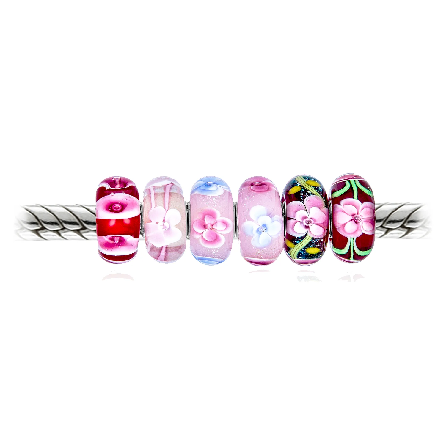 Set of 6 Floral Murano Glass Charm Bead Sterling Silver Core - Image 4